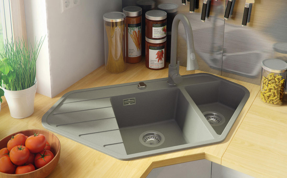 ECKSPÜLE Kopenhagen Corner, 2-er set Grau 90/50 cm 1,5 Becken + Ablauf-Set ab 70er Unterschrank - Chromfarben/Grau, Kunststoff (90/18/50cm) - Primagran