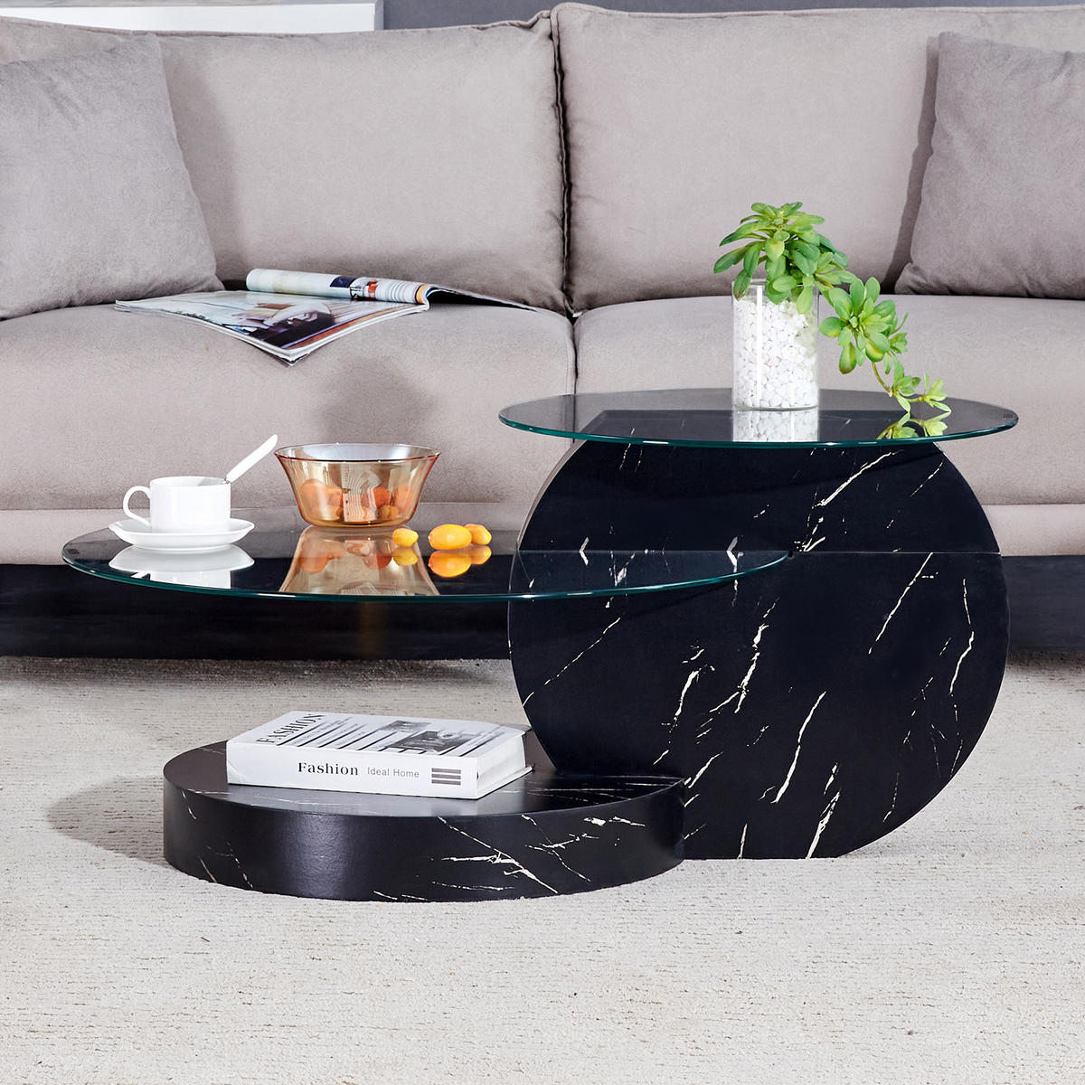 COUCHTISCH in Schwarz Wohnzimmertisch mit zwei Ebenen aus Sicherheitsglas für Wohnzimmer, B90/T70/H44 cm - Transparent/Schwarz, Glas/Holzwerkstoff (89.9/89.9/43.2cm) - STILVORA