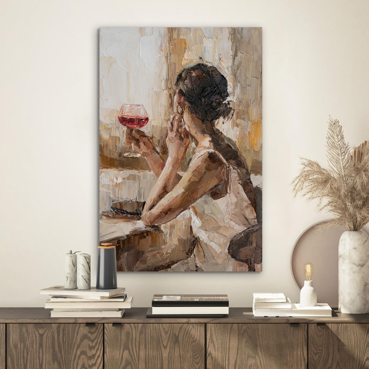 METALLBILD Ölgemälde - Frau - Wein 40x60 cm - Hellbraun, Metall (40/60cm) - MuchoWow
