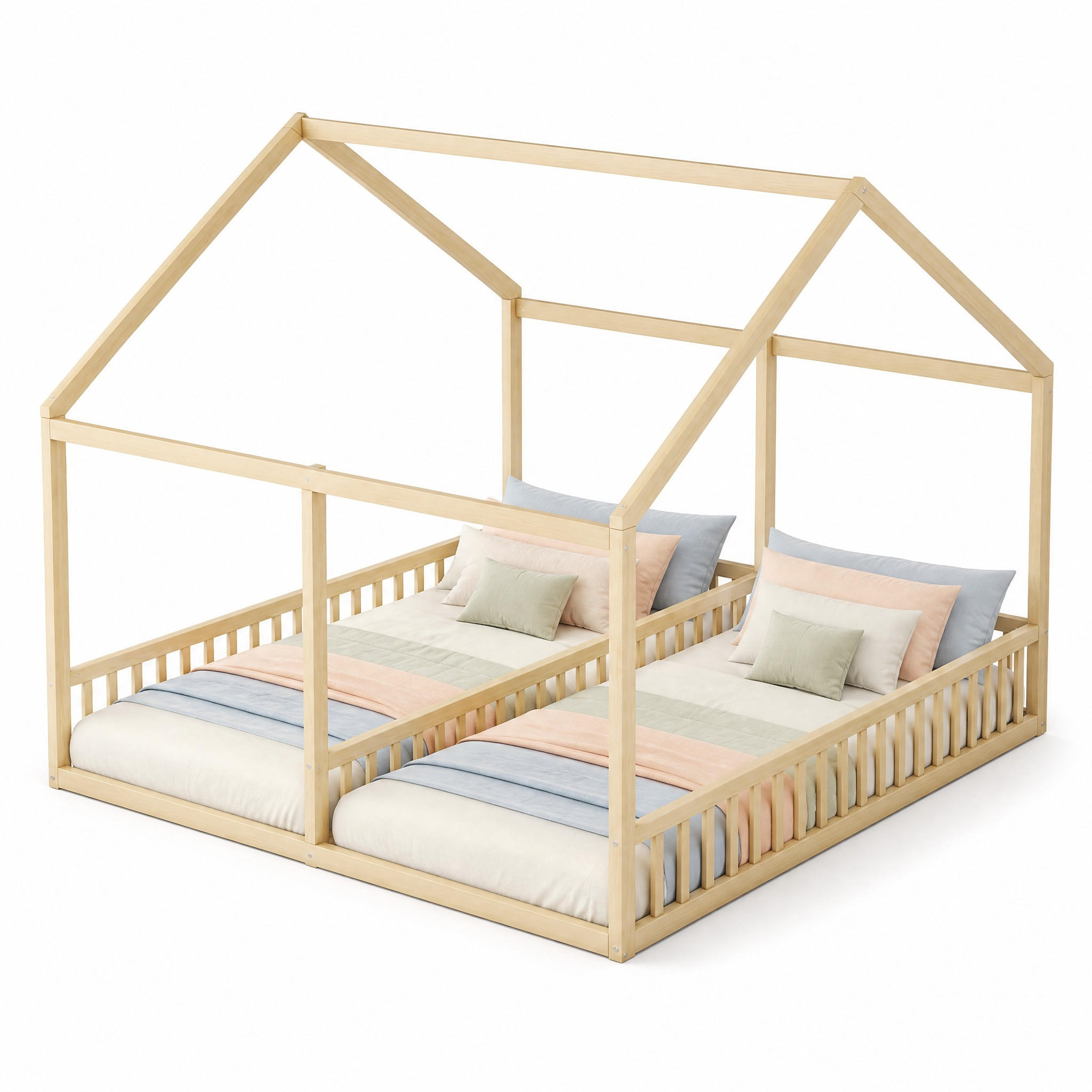 HAUSBETT 90/200 cm & 90/200 cm in Natur Kinderbett mit Mittelgitter und Schutzgeländern - Naturfarben, Holzwerkstoff (90/200cm) - STILVORA