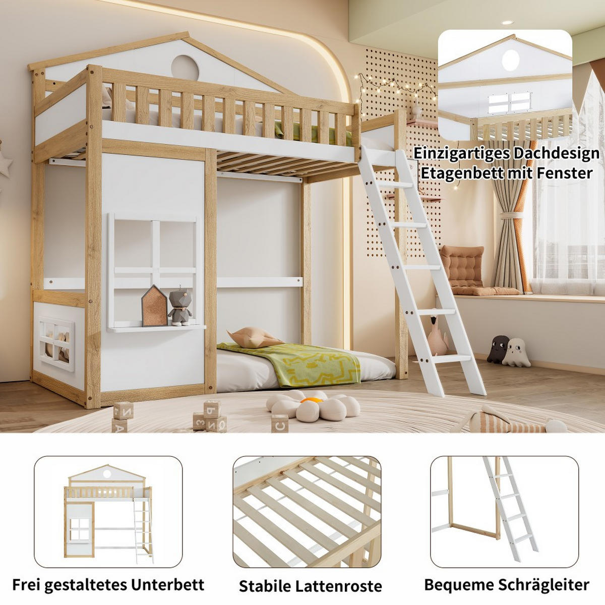 HAUSBETT 90x200cm mit Treppe in Weiß+Natur - Weiß, Holz (90/200cm) - KOMHTOM