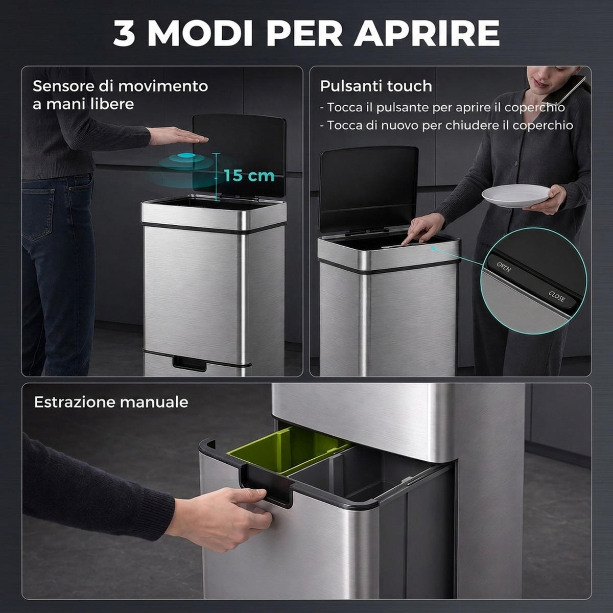 MÜLLEIMER MIT SENSOR 72L 42/81/30 cm Edelstahl Silberfarben Mülltrennsystem 3 Fächer Küche - Silberfarben, Metall (30/81/42cm) - Rolipo