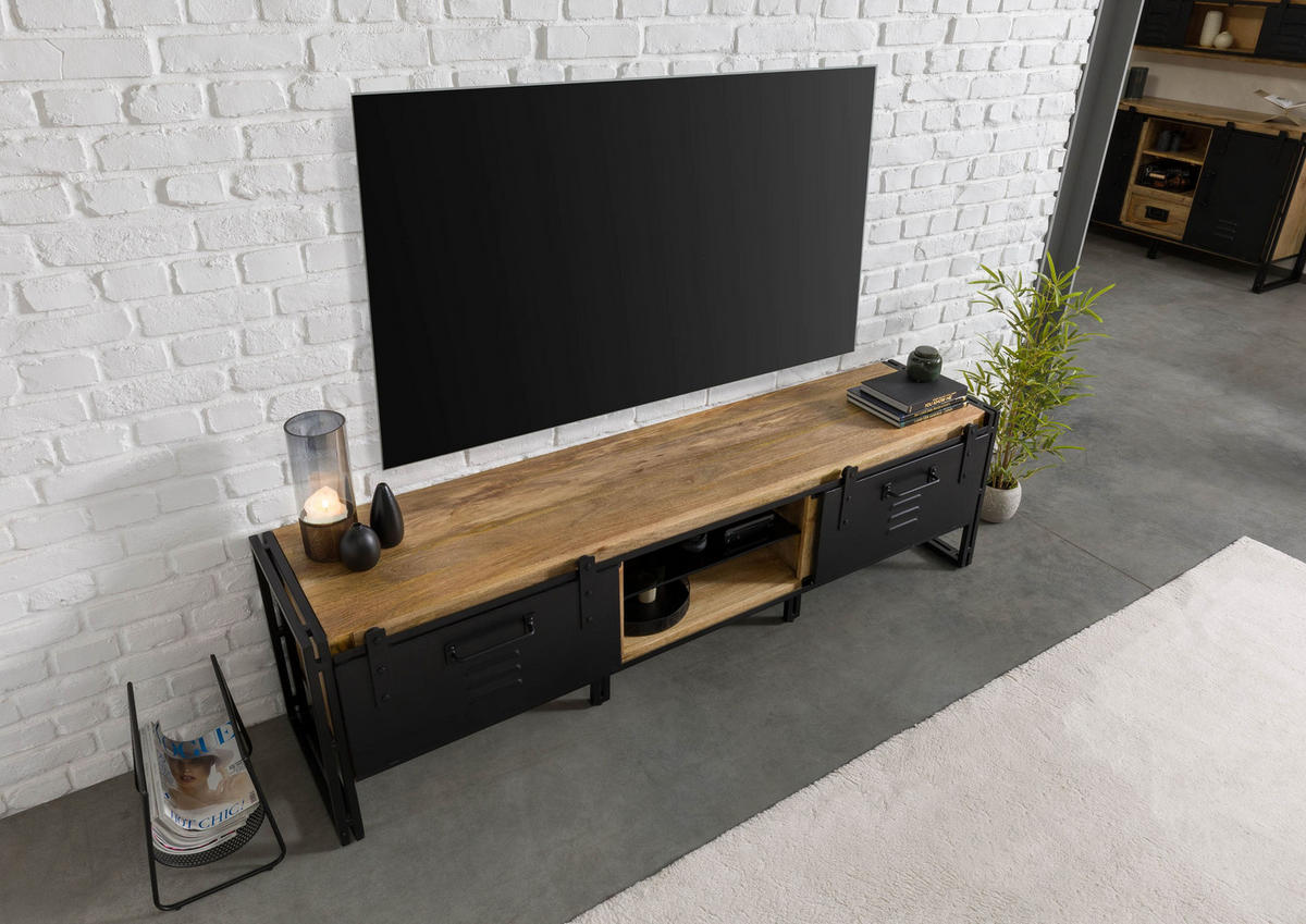 TV-BOARD Mango 200x45x55 natur klar lackiert / Metall schwarz BLACKBURN #101 - Naturfarben, Holz (45/55/200cm) - Massivmoebel24