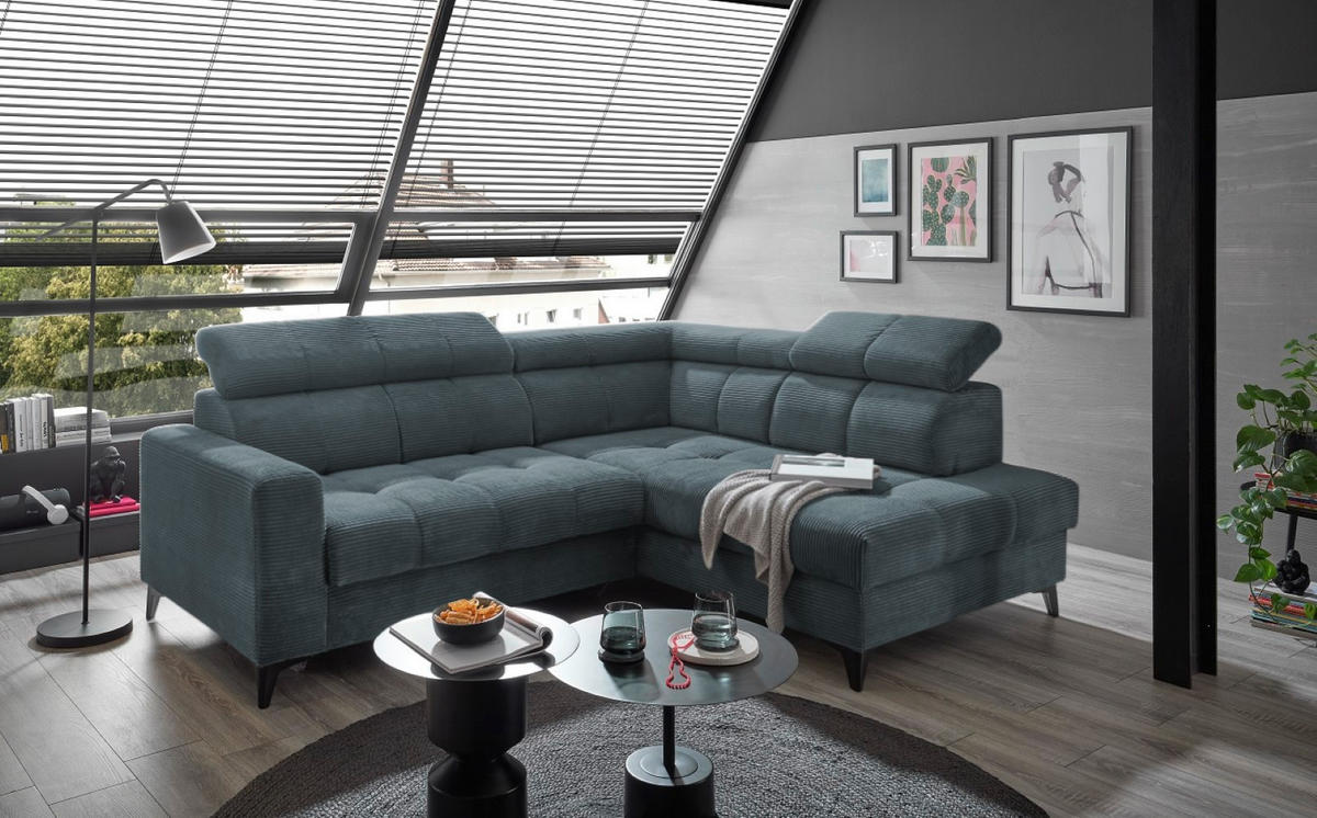 ECKSOFA mit elektronische Sitztiefenverstellung, USB-Anschluss und stilvollem Breitcord-Bezug - Blau, Textil (200/243cm) - ed exciting design