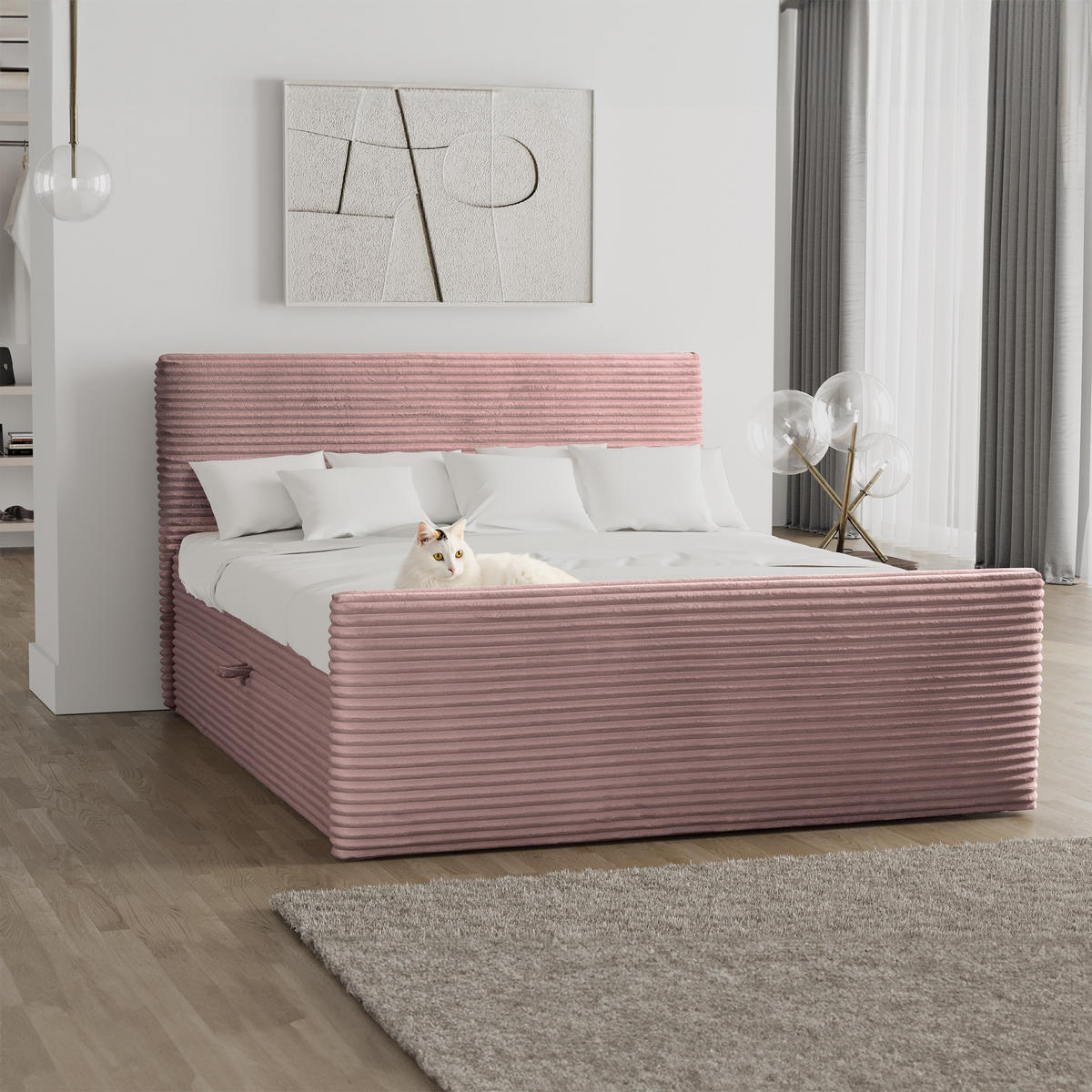 BOXBETT Mit Bettkasten Und Topper TRENTO Stoff Plüsch Cord 140x200 cm Rosa H3-Bonell - Rosa, Holz/Textil (140/200cm) - Kaiser Möbel