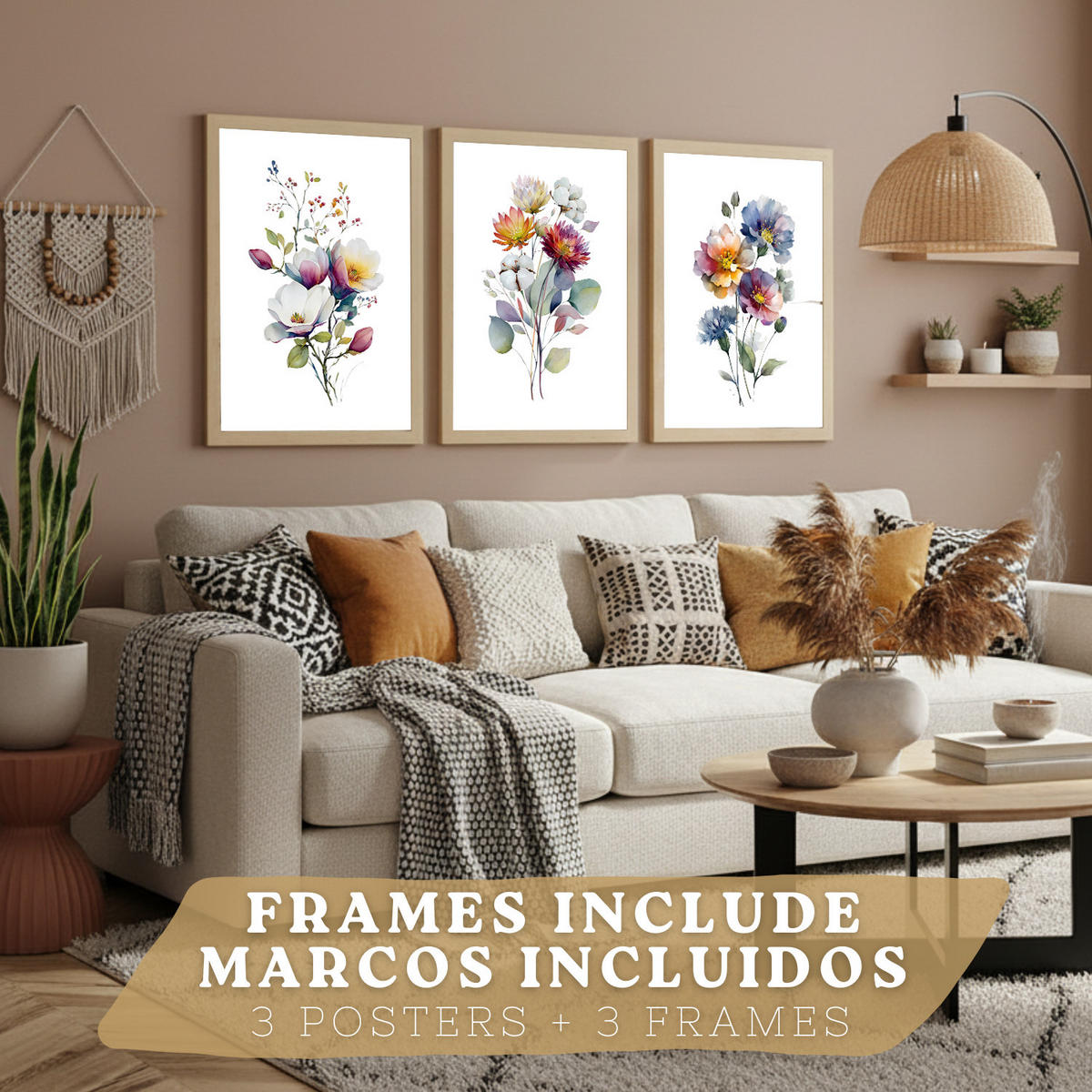 PLAKAT Sada 3 botanických uměleckých tisků. Květinové nástěnné umění. Moderní minimalistický květinový nástěnný PLAKAT. Velikost Světlý dřevěný rám A3 - béžová, papír (29.7/42/3cm) - Nacnic