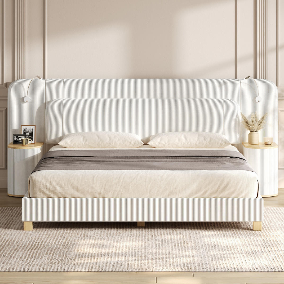 POLSTERBETT 180/200 cm mit Nachttischen und LED, DE-41849, in Beige - Beige, Holzwerkstoff (180/200cm) - ComfortXL