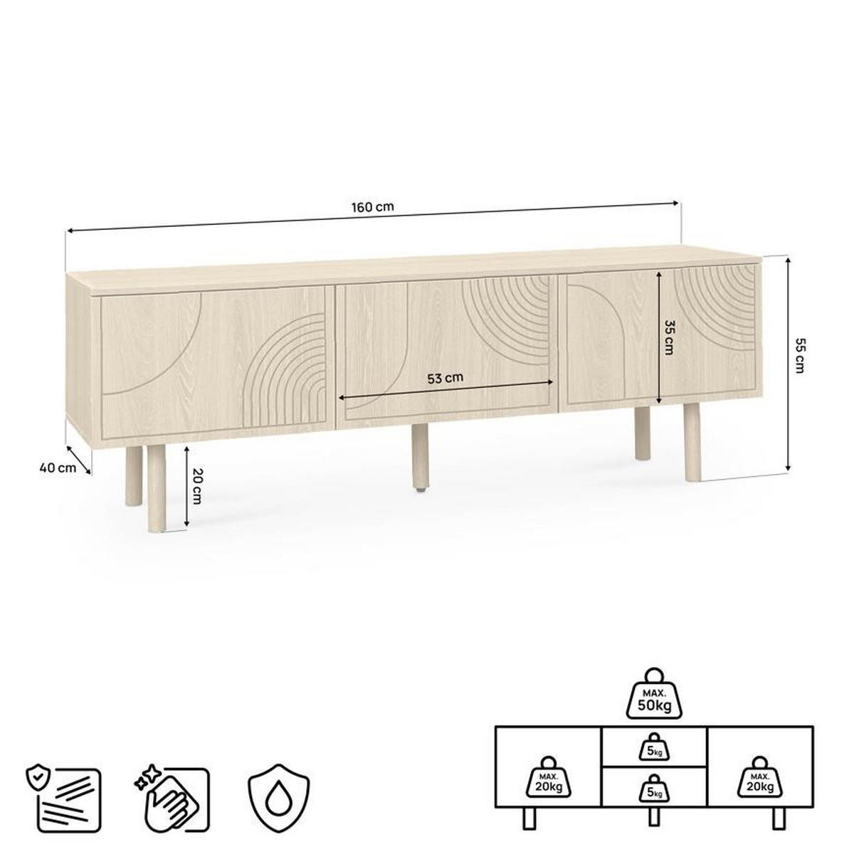 TV-LOWBOARD Saskia 160cm 3 Türen Eichenoptik Skandinavischer - Eichefarben/Kieferfarben, Holz (160/55/40cm) - Sicaan