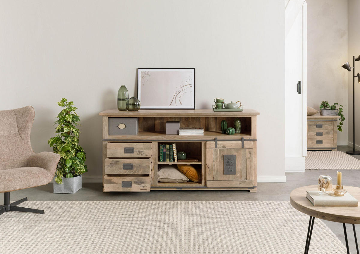 SIDEBOARD Mango 180x45x90 beige lackiert RAILWAY #367 - Beige, Holz (180/90/45cm) - Massivmoebel24