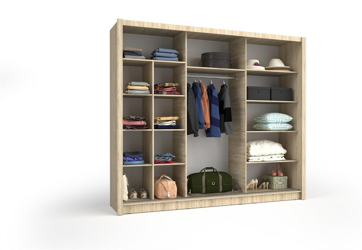 SCHWEBETÜRENSCHRANK FRISKA 247,8/215/61,6cm 3-türig mit Spiegel Sonoma Eiche - Sonoma Eiche, Holzwerkstoff (247.8/215/61.6cm) - MASSENO
