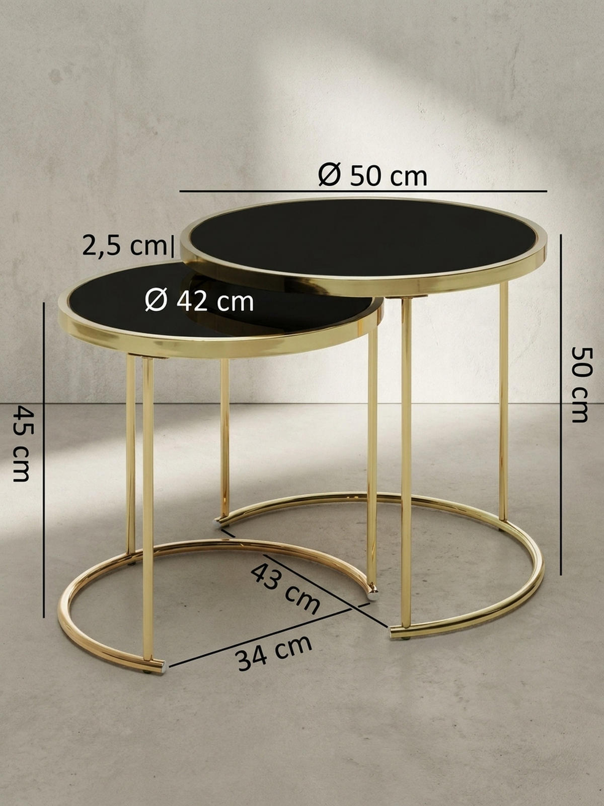 SATZTISCH Set – 2-teilig Metall Hochglanz schwarzes Glas 50/42 cm - Goldfarben/Schwarz, Glas/Metall (50/50/50cm) - KADIMA DESIGN