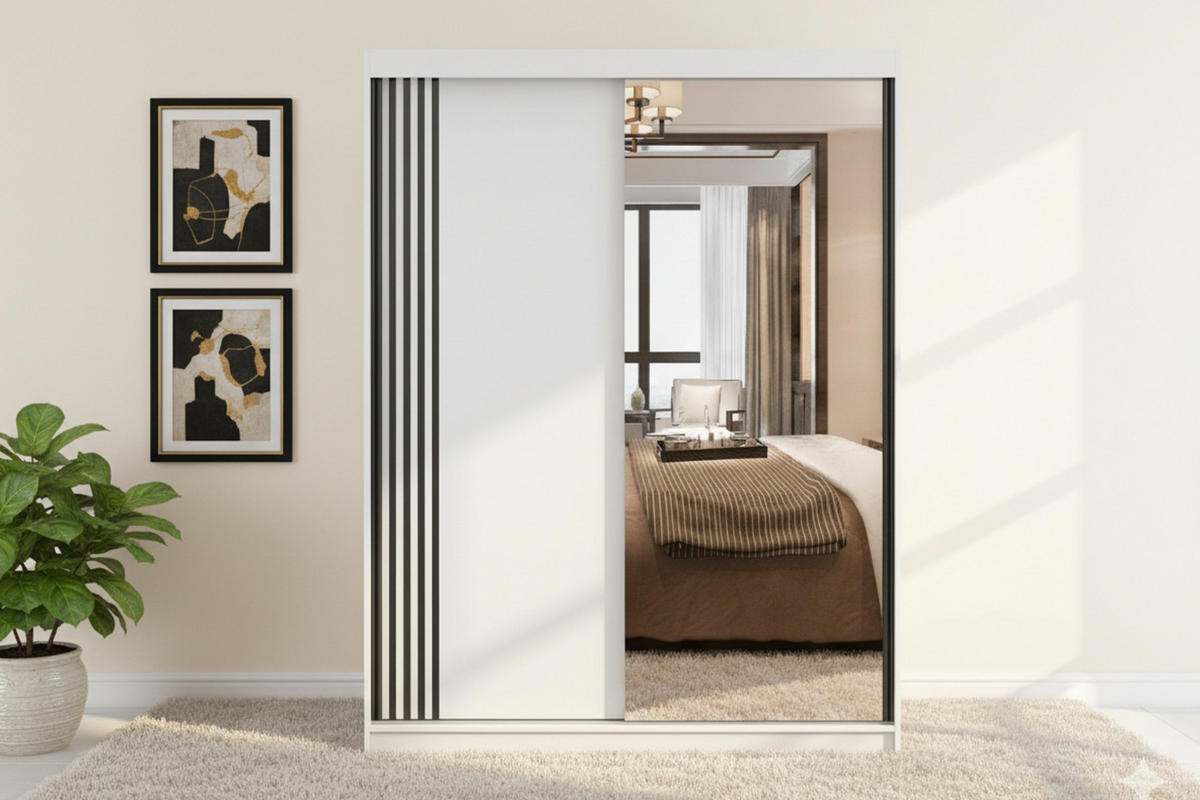 SCHWEBETÜRENSCHRANK VELMA 07 150/200 in Weiß mit Spiegel und LED - Weiß, Holzwerkstoff (150/61/200cm) - Deine Möbel 24