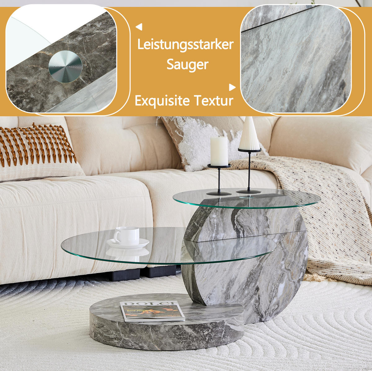 COUCHTISCH 90/70/44 cm mit 2 Ebenen und Sicherheitsglas, runder Wohnzimmertisch in Marmoroptik, Grau/Transparent - Transparent, Holzwerkstoff (90/70/44cm) - Redom