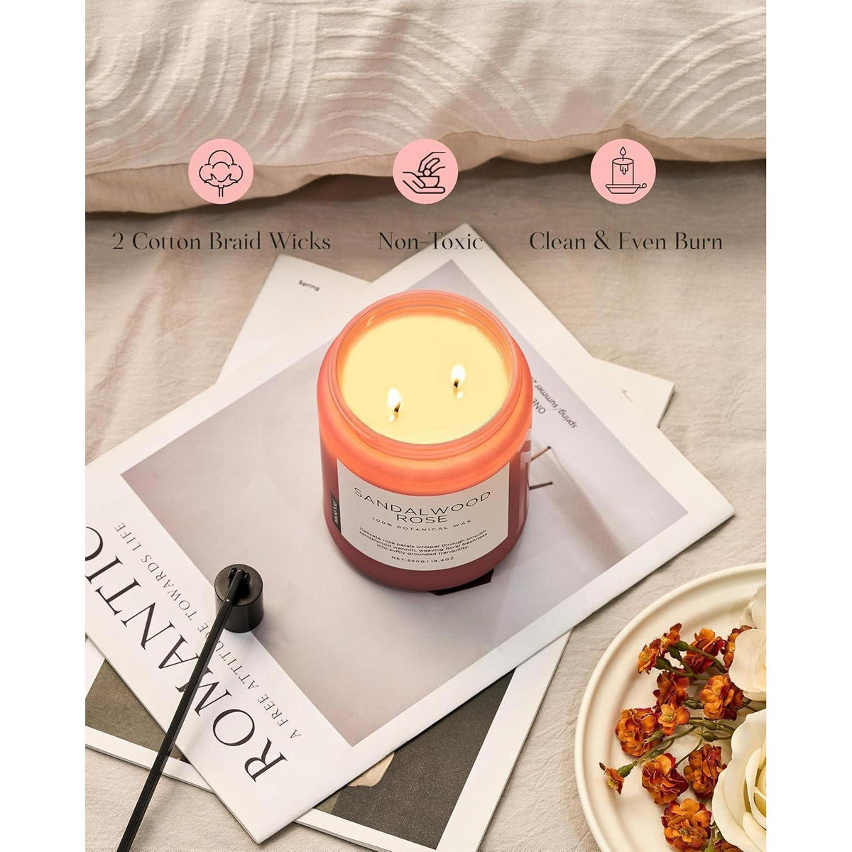 DUFTKERZE Sandelholz Rose 550g 110h 2-Docht Sojawachs - Rosa, Paraffin (13cm)