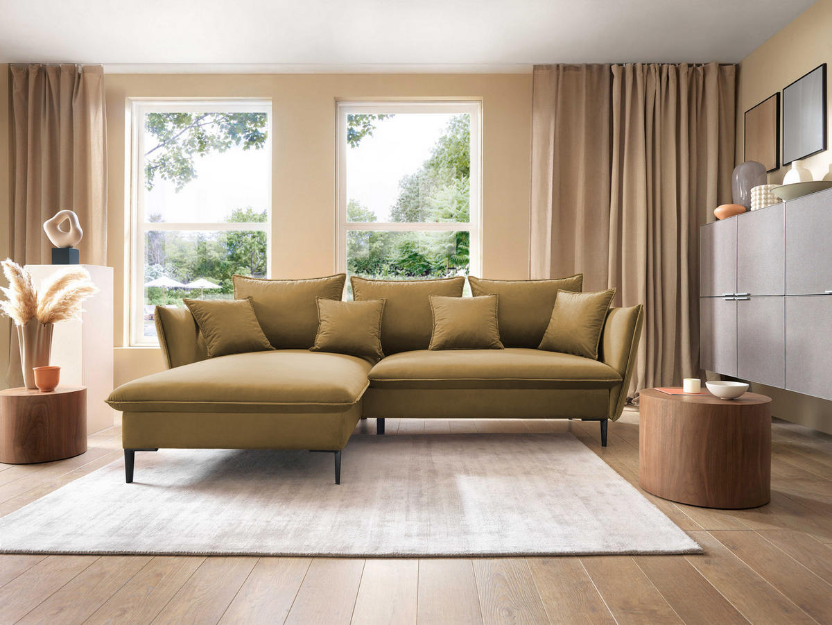 ECKSOFA GLOSS mit Schlaffunktion, Ottomane & goldenen Füßen – Samtsofa im GLOSSour-Stil mit Zierkissen, 258x167x91cm, Linke, LILA - Bordeaux, Holz/Textil (167/258cm) - DomoHome