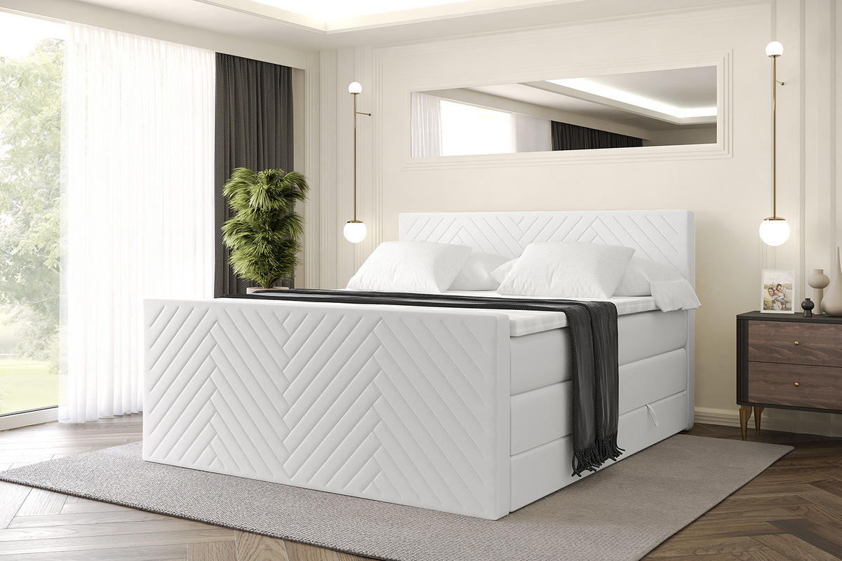 BOXSPRINGBETT mit Matratze und Lattenrost - VEXA-Z KING-160x200 - Weiß Kunstleder - Weiß, Holzwerkstoff (160/200cm) - ALTDECOR