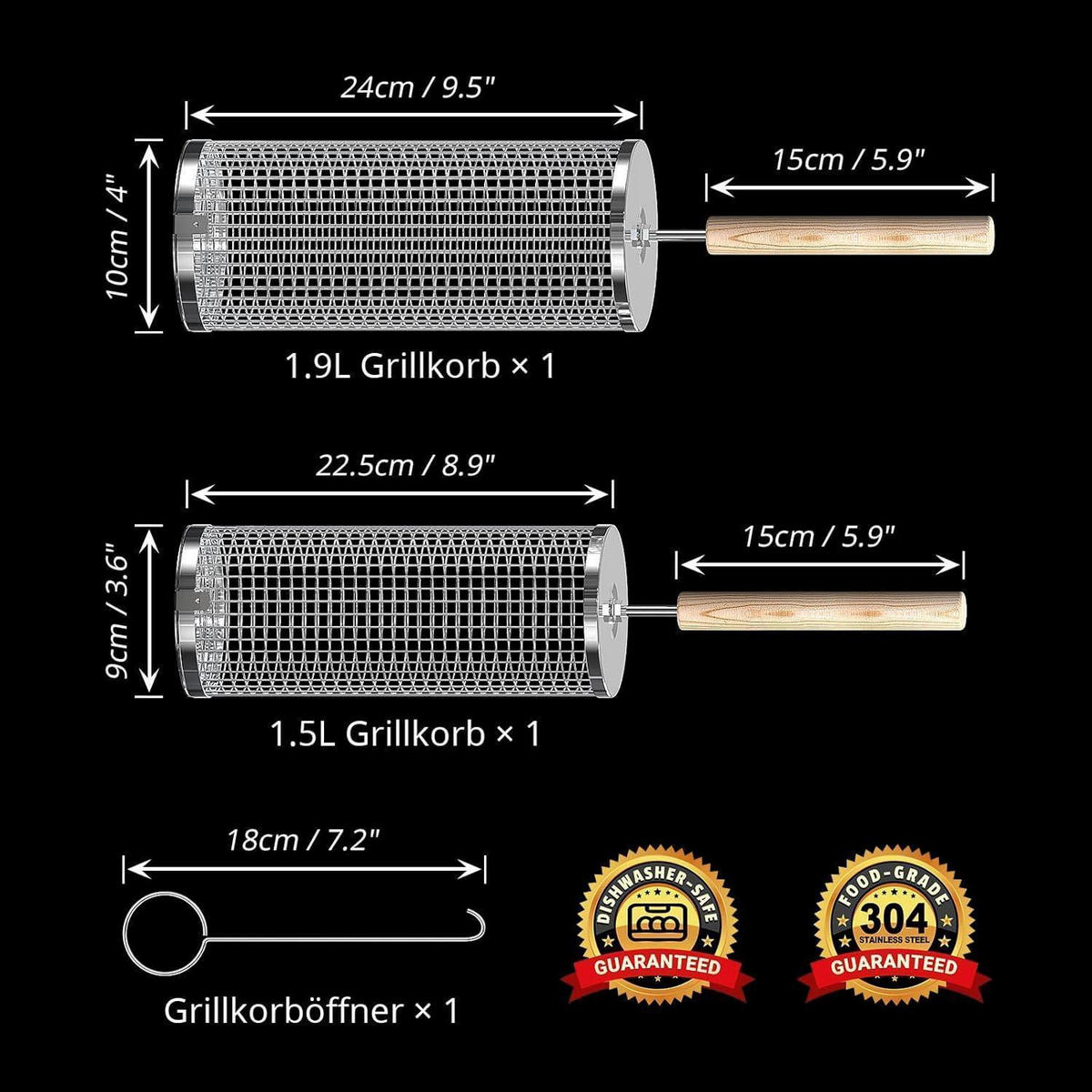 GRILLKORB 2er-Set Edelstahl mit Holzgriff - Multicolor, Metall (10/24/10cm)