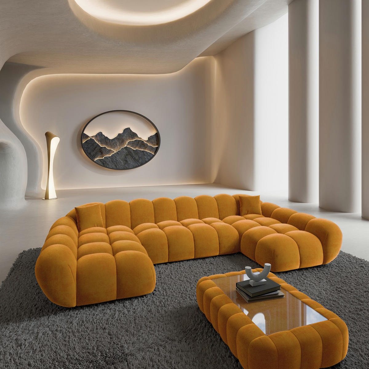 WOHNLANDSCHAFT Liva Senf Samtstoff U-Form XXL Studio - Currygelb, Textil (330/70/160cm) - VAROYAL