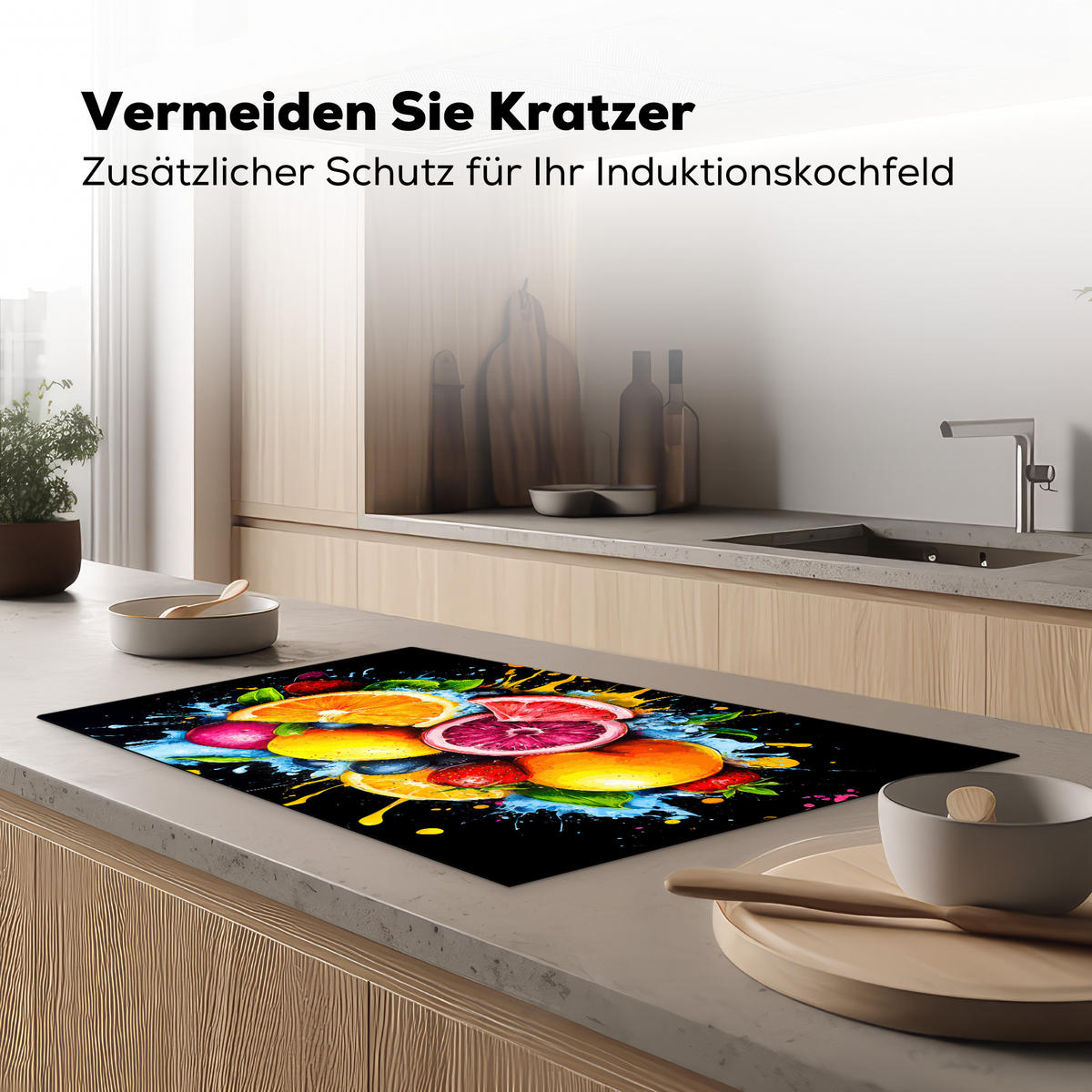 HERDABDECKPLATTE Obst - Graffiti - Bunt - Orange - Erdbeere - Abstrakt 85x52 cm - Orange, Kunststoff (85/52/0.2cm) - MuchoWow