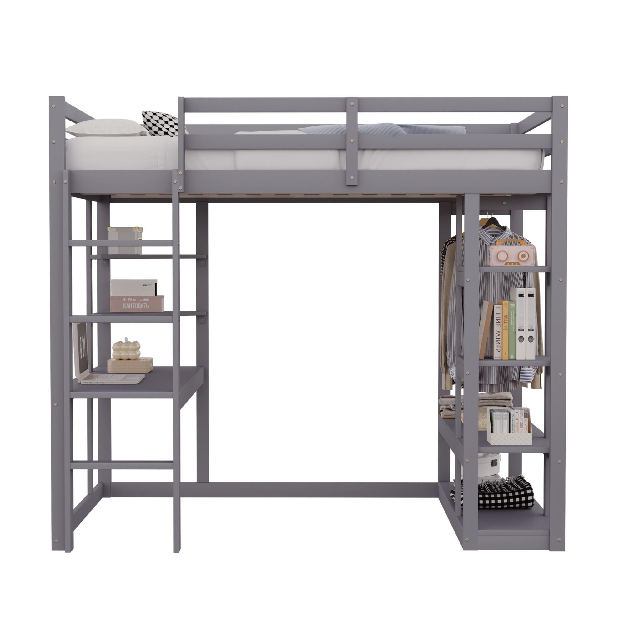 HOCHBETT 140/200 cm aus Holzwerkstoff mit Schreibtisch, Regalen und Kleiderstange, Grau - Grau, Holzwerkstoff (140/200cm) - Redom