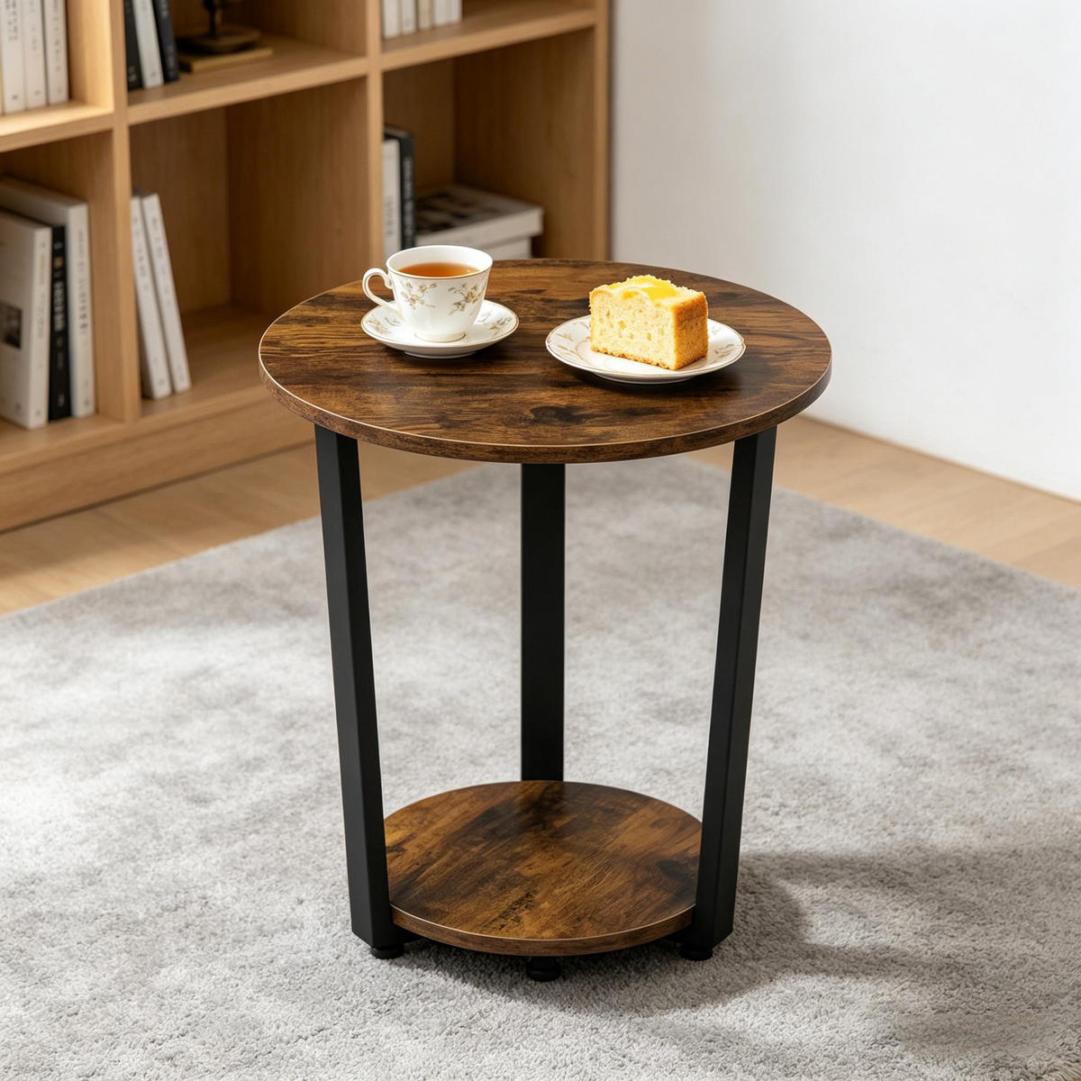 BEISTELLTISCH DE-37223 rund mit 2 Regalen Rustikales Braun - Dunkelbraun, Metall (50/50/53cm) - ComfortXL