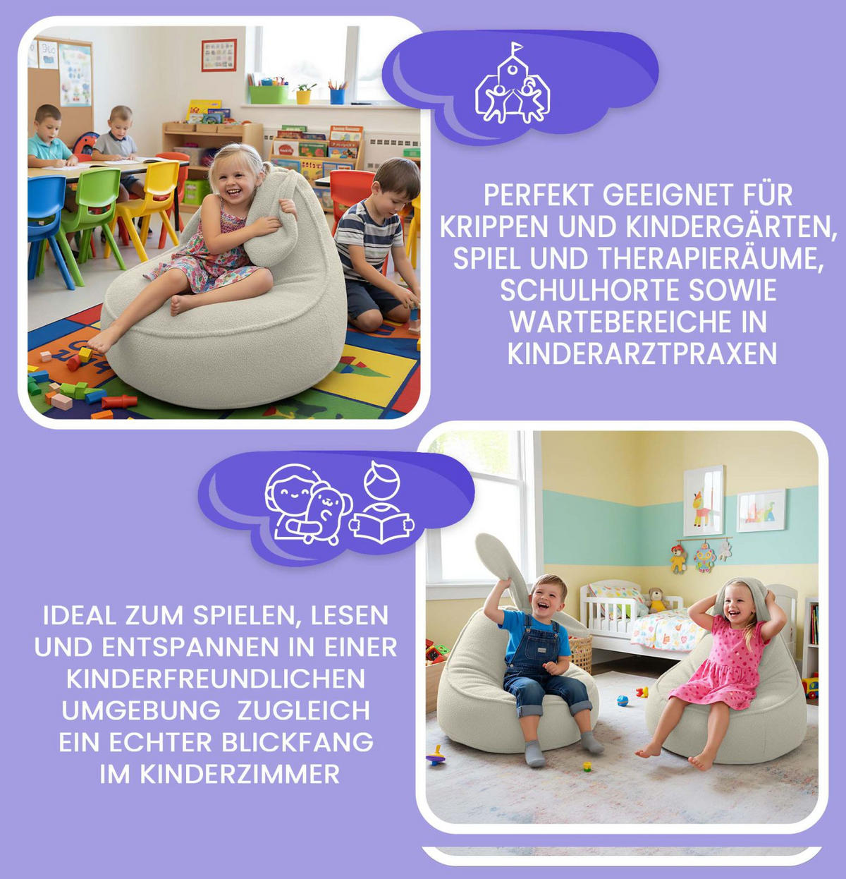 SITZSACK FÜR KINDER Hase 75/75/55 cm, weicher Bouclé 315 g/m², abnehmbarer Bezug, Pearl Grey - Hellgrau, Textil (75/55/75cm) - Dreamroots