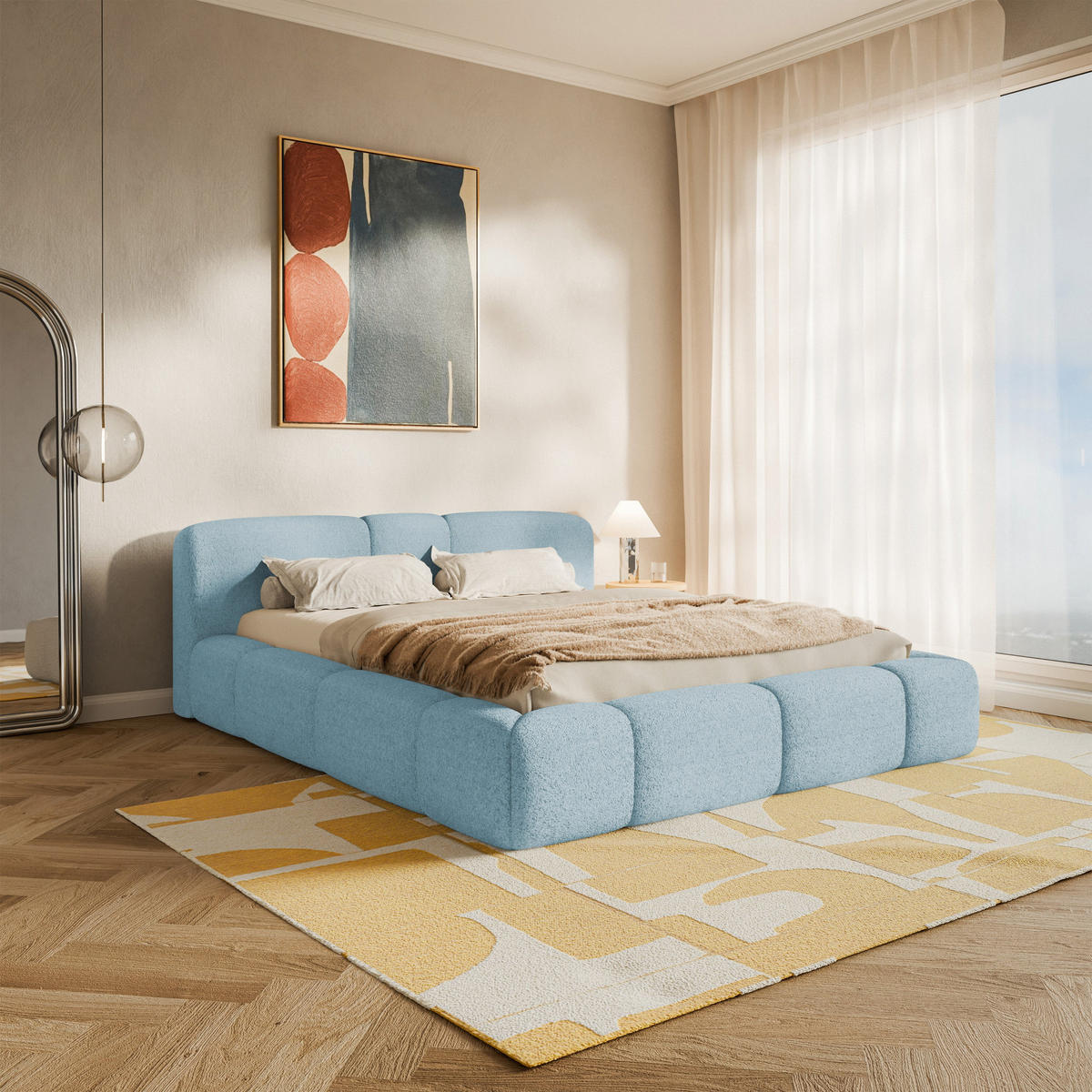 ČALOUNĚNÁ postel Bowia, modrý plyš, 200x200 cm - černá/světle modrá, textil (200/200cm) - Selsey