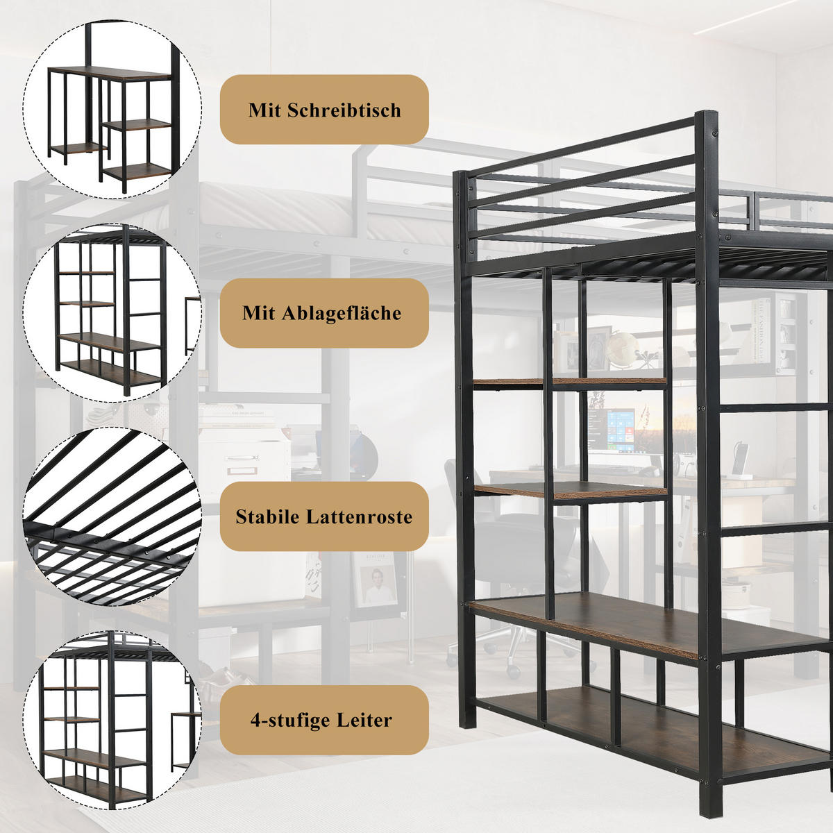 HOCHBETT 120x200 cm Schreibtisch Regal schwarz - Schwarz, Metall (120/200cm) - LEBENLANG