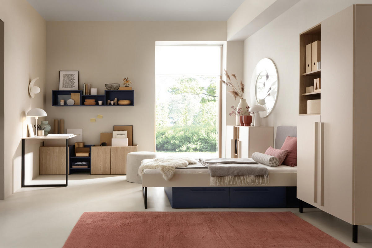 KINDERSCHREIBTISCH SORENTO 08 multifunktional in Sandbeige/Geölte Eiche/Royalblau - Eichefarben/Beige, Holzwerkstoff (249/75/135cm) - Deine Möbel 24