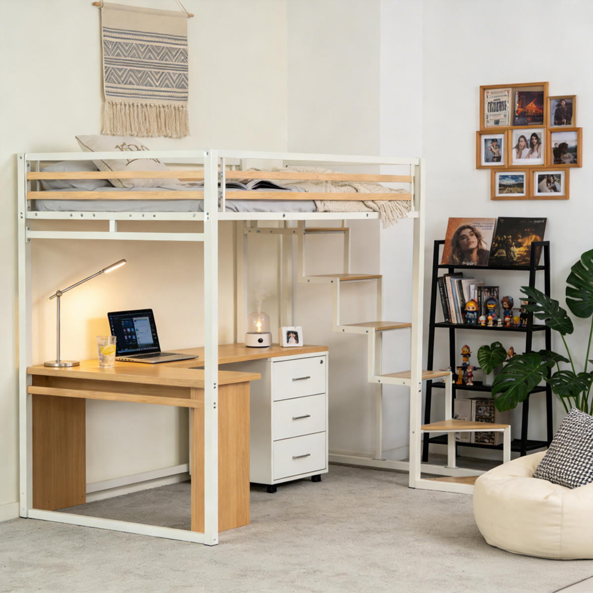 HOCHBETT mit Treppe und Arbeitsbereich – Metallbett Weiß/Eicheoptik, platzsparendes Loftbett mit Schreibtischbereich - Weiß, Metall (148/201cm) - Meubles Cosy