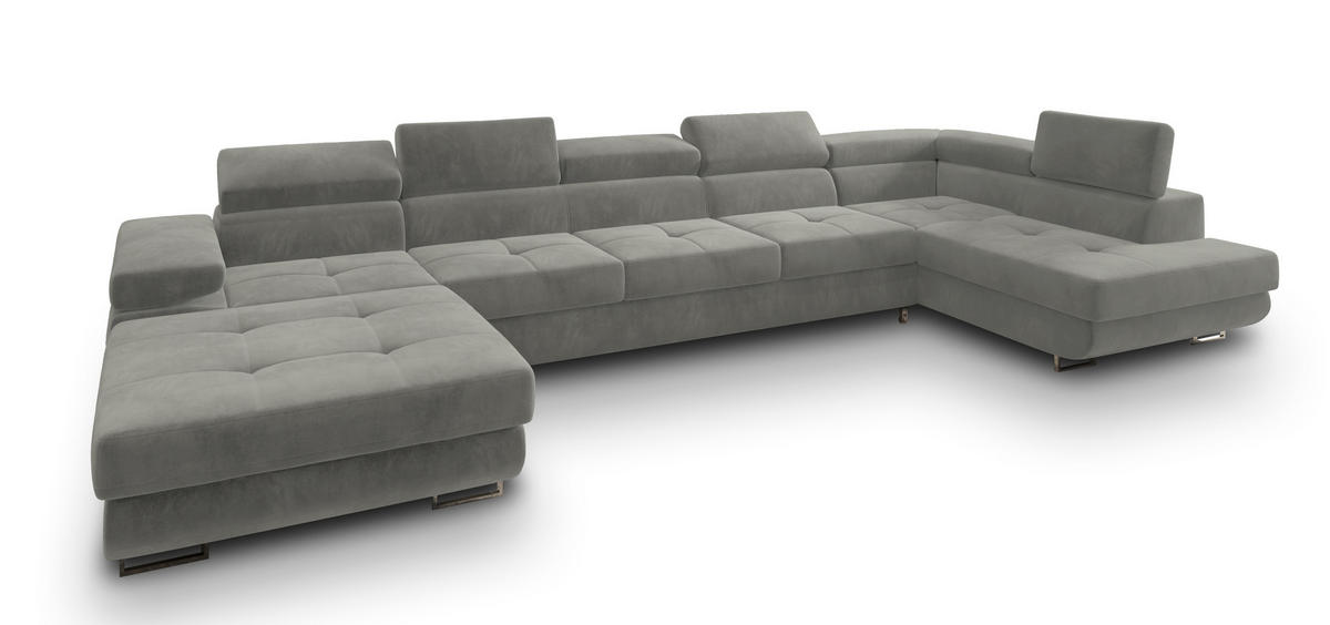 WOHNLANDSCHAFT TORIVA R-S Hellgrau Velours-Stoff mit Schlaffunktion - Hellgrau, Holz (418/90/202cm) - MASSENO