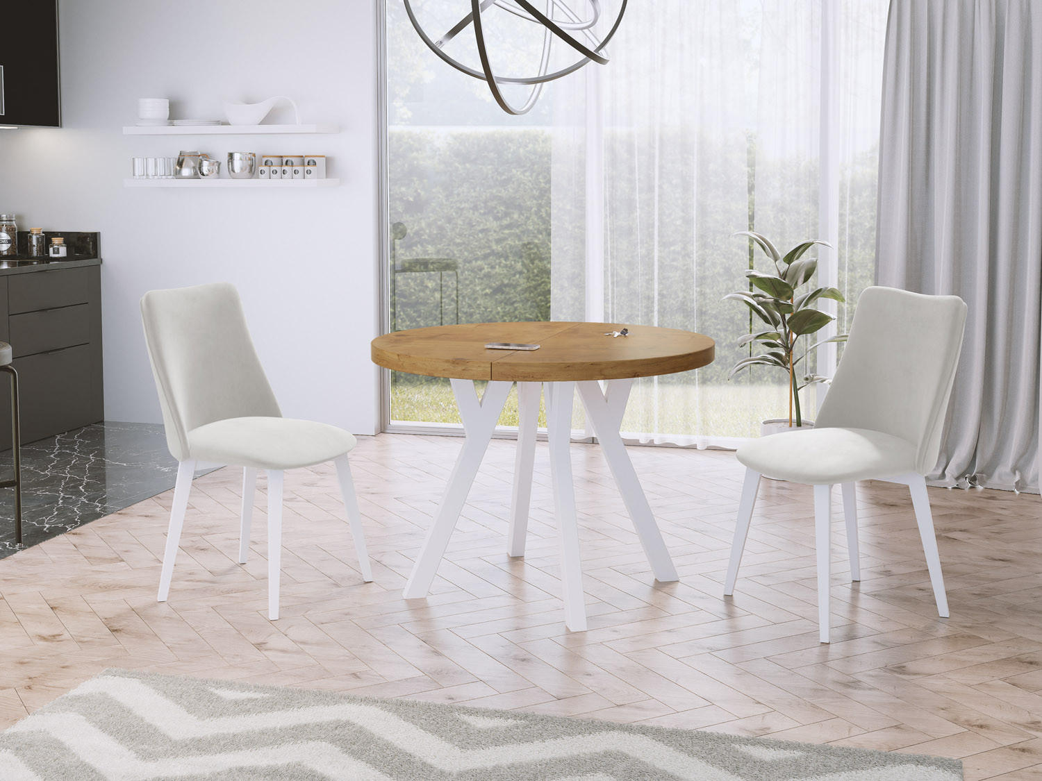 ESSTISCH Twixy runder ausziehbarer, Lancelot Eiche 100-150/100/76 cm - Eichefarben/Weiß, Holz/Holzwerkstoff (100/100/76cm) - WFL GROUP