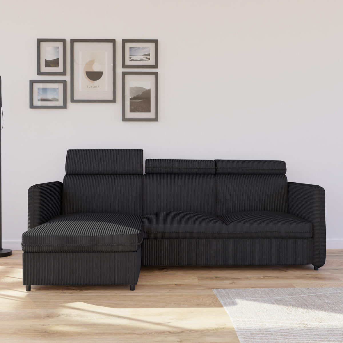 ECKSOFA mit Schlaffunktion und Bettkasten, Schwarz - Schwarz, Holzwerkstoff/Textil (220/140cm) - Idohome