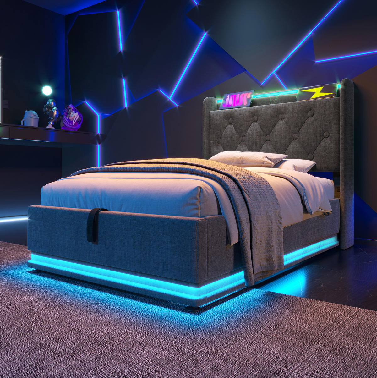 ČALÚNENÁ posteľ, 90/200 cm, sivá, ľanový vzhľad, LED, USB-C, úložný priestor, s matracom - sivá, textil (90/200cm) - BEAOK