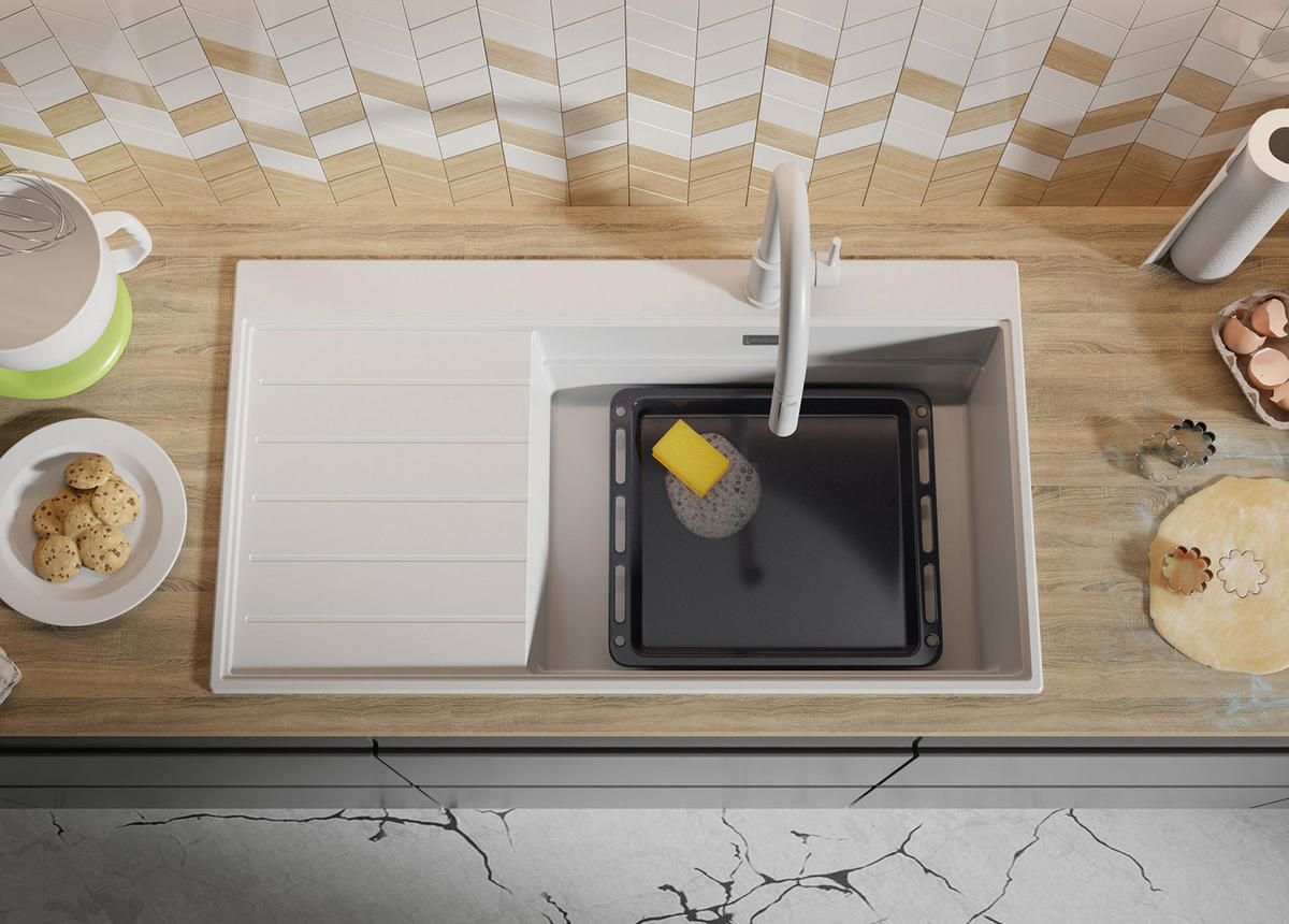 SPÜLBECKEN Sydney, 2-er set Weiß 90/50 cm 1 Becken + Ablauf-Set + Küchenzubehörset ab 60er Unterschrank - Chromfarben/Beige, Kunststoff (90/20/50cm) - Primagran