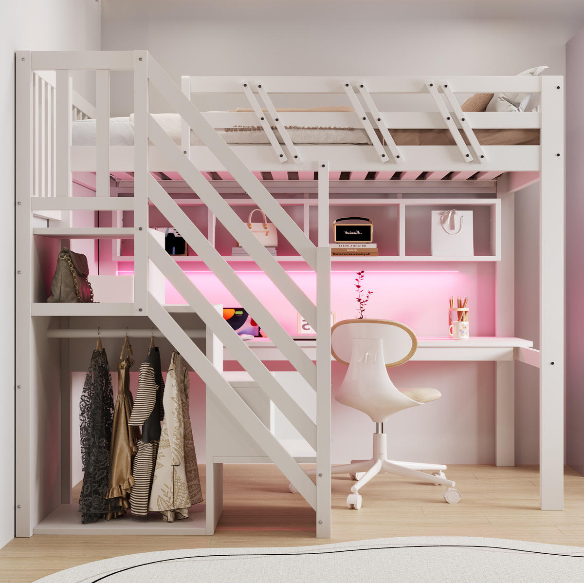 HOCHBETT Holz 90x200 cm Weiß mit Schreibtisch, Stauraumtreppe, LED und Steckdosen - Weiß, Holz (90/200cm) - Modfu