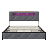POLSTERBETT 160x200cm grau Samt, Schubladen, RGB-Licht, USB-Anschluss - Grau, Holz