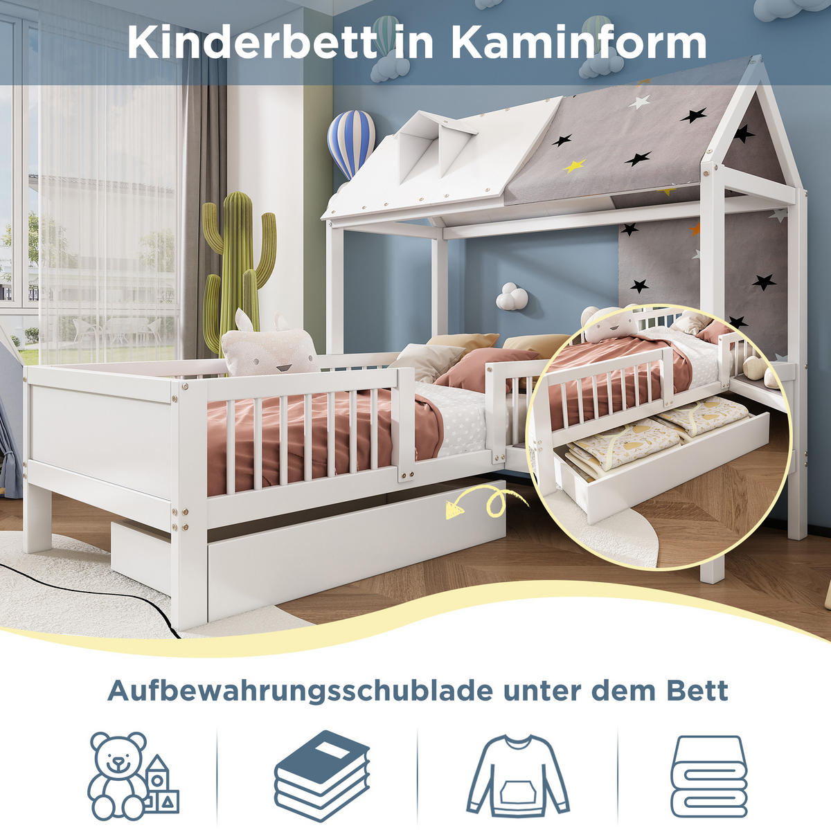 KINDERBETT 90/200 cm aus Massivholz mit Hausrahmen, Schubladen und Lattenrost, Weiß - Weiß, Holz (90/200cm) - Redom