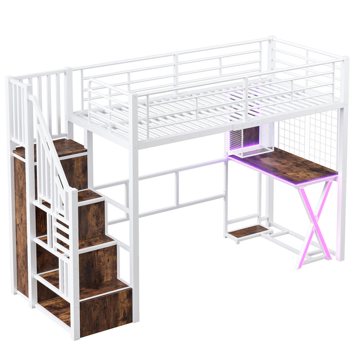 HOCHBETT 90/200 cm mit LED-Beleuchtung, Ablageleiter, Schreibtisch, Kleiderschrank und Regalen, Metall/MDF, Weiß - Weiß, Metall (90/200cm) - Redom