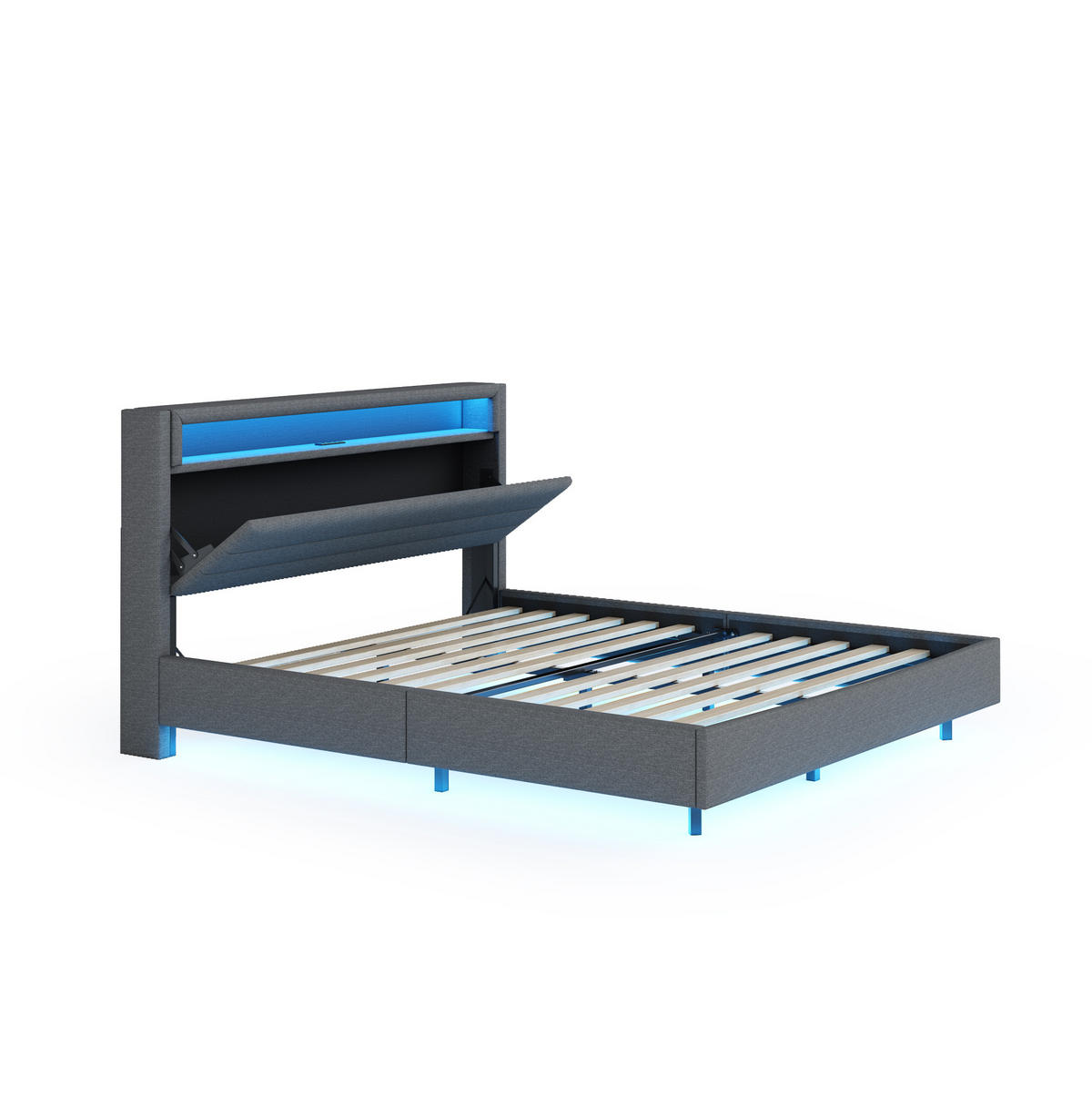 POLSTERBETT 140/200 cm grau mit USB-Steckdose und LED-Beleuchtung - Grau, Textil (140/200cm) - OKWISH