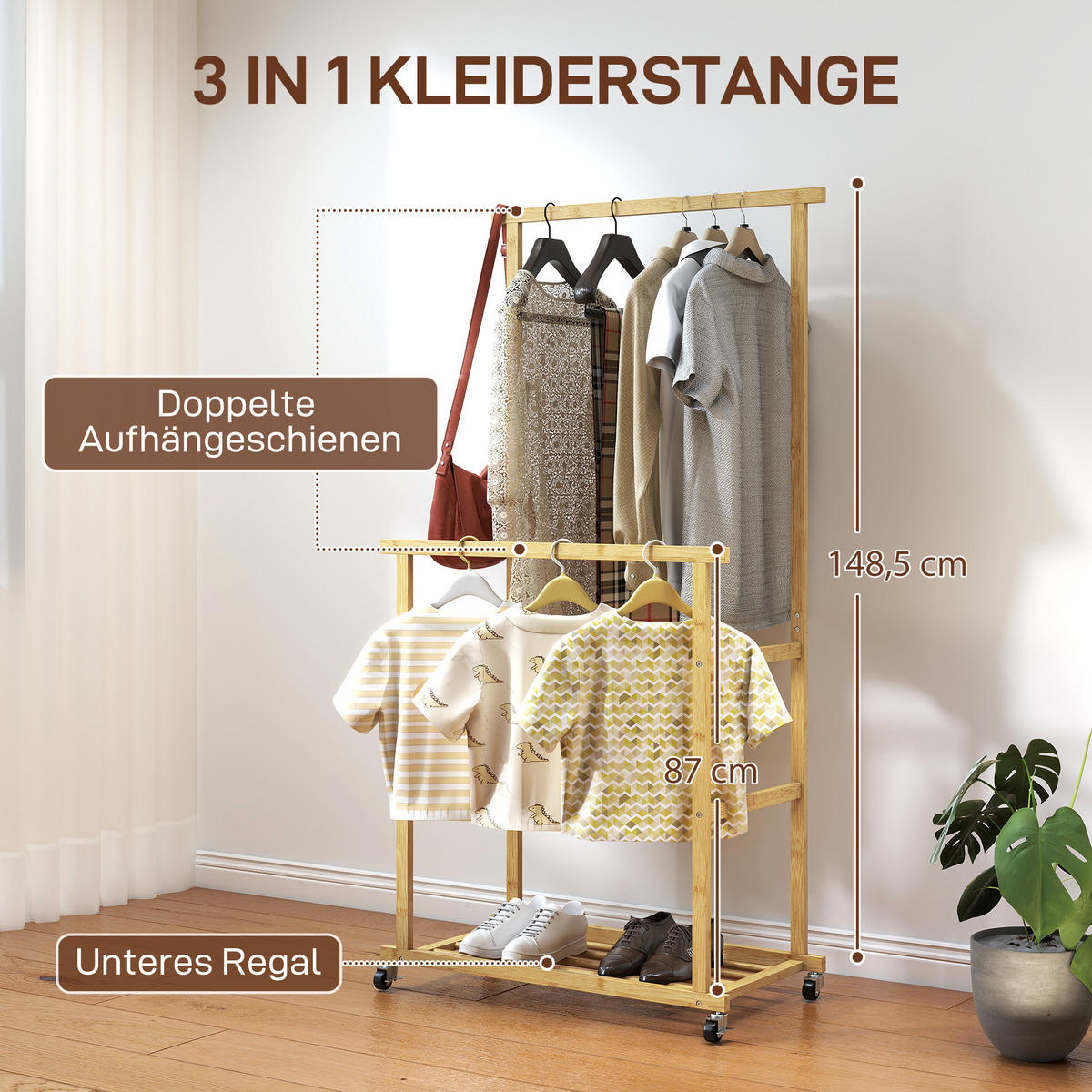 KLEIDERSTÄNDER mit Rollen Garderobenständer mit Kleiderstange Schuhablage Bambus - Naturfarben, Naturmaterialien/Bambusholz (40/160/80cm) - HOMCOM