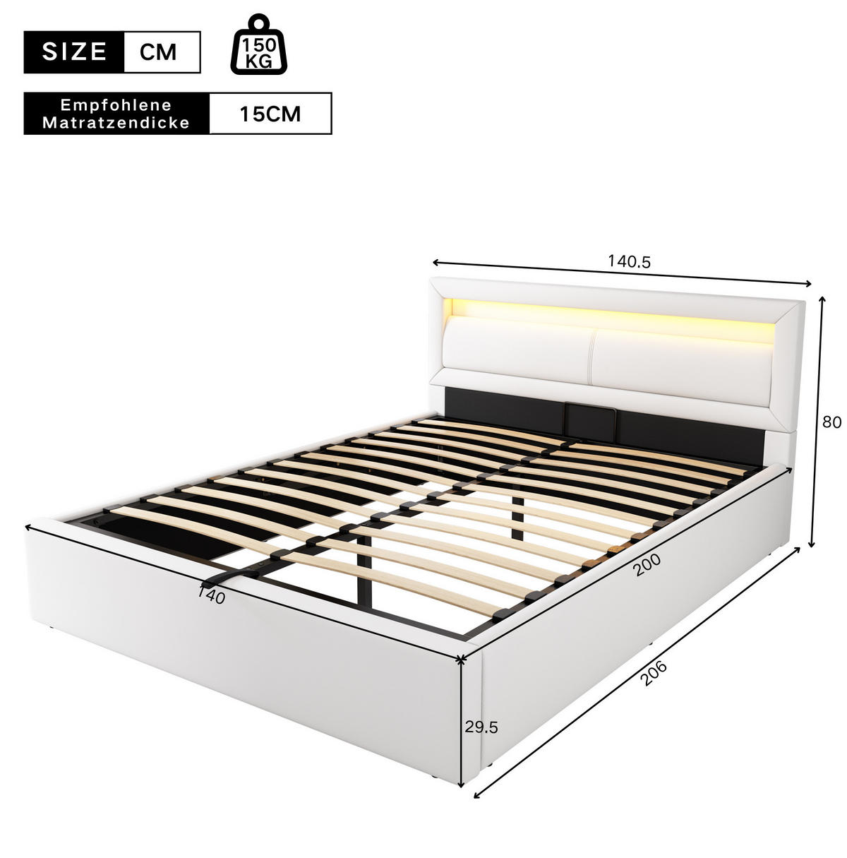 POLSTERBETT 140/200 cm Weiß aus PU mit LED-Beleuchtung und Bettkasten - Weiß, Kunststoff (140/200cm) - OKMYHOME