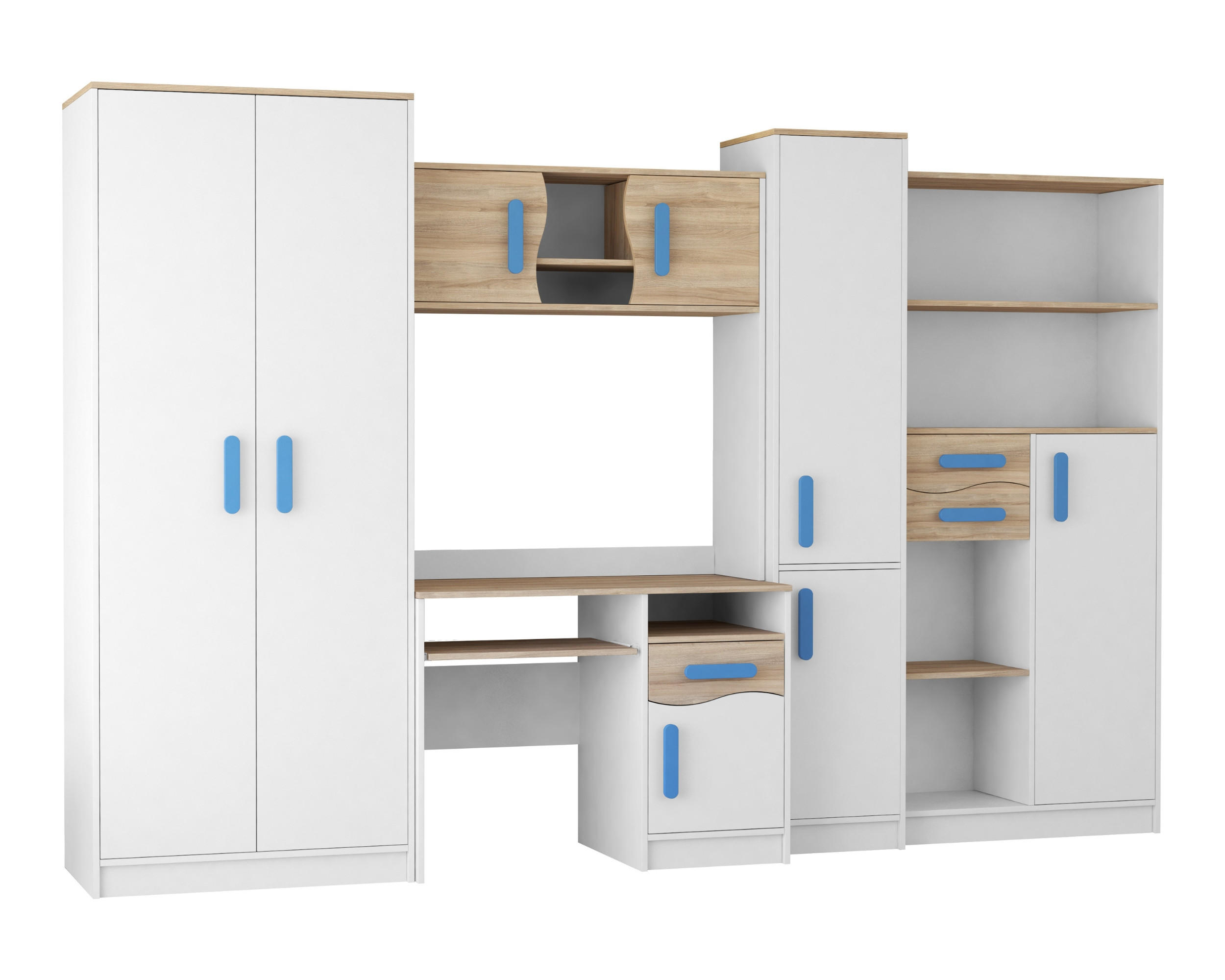 KINDERZIMMER MIKI Korpus Weiß | Griffe Blau - Blau/Weiß, Holz/Holzwerkstoff (300/197/52cm) - Deine Möbel 24