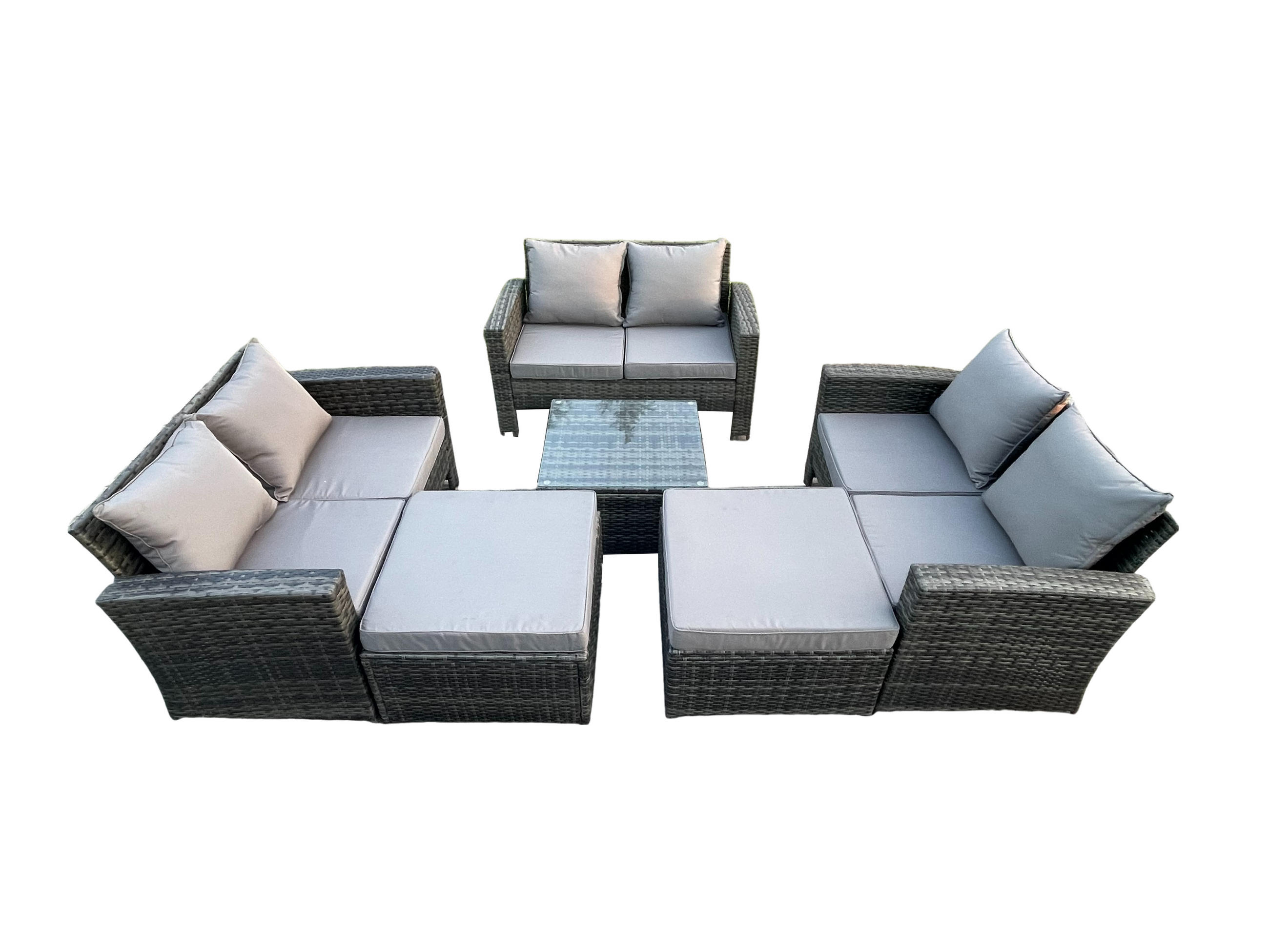 GARTENMÖBEL-SET COUCHTISCH SET MIT 2 HOCKER Polyrattan Dunkelgrau Gemischt 8-Sitzer - Dunkelgrau, Metall - Fimous