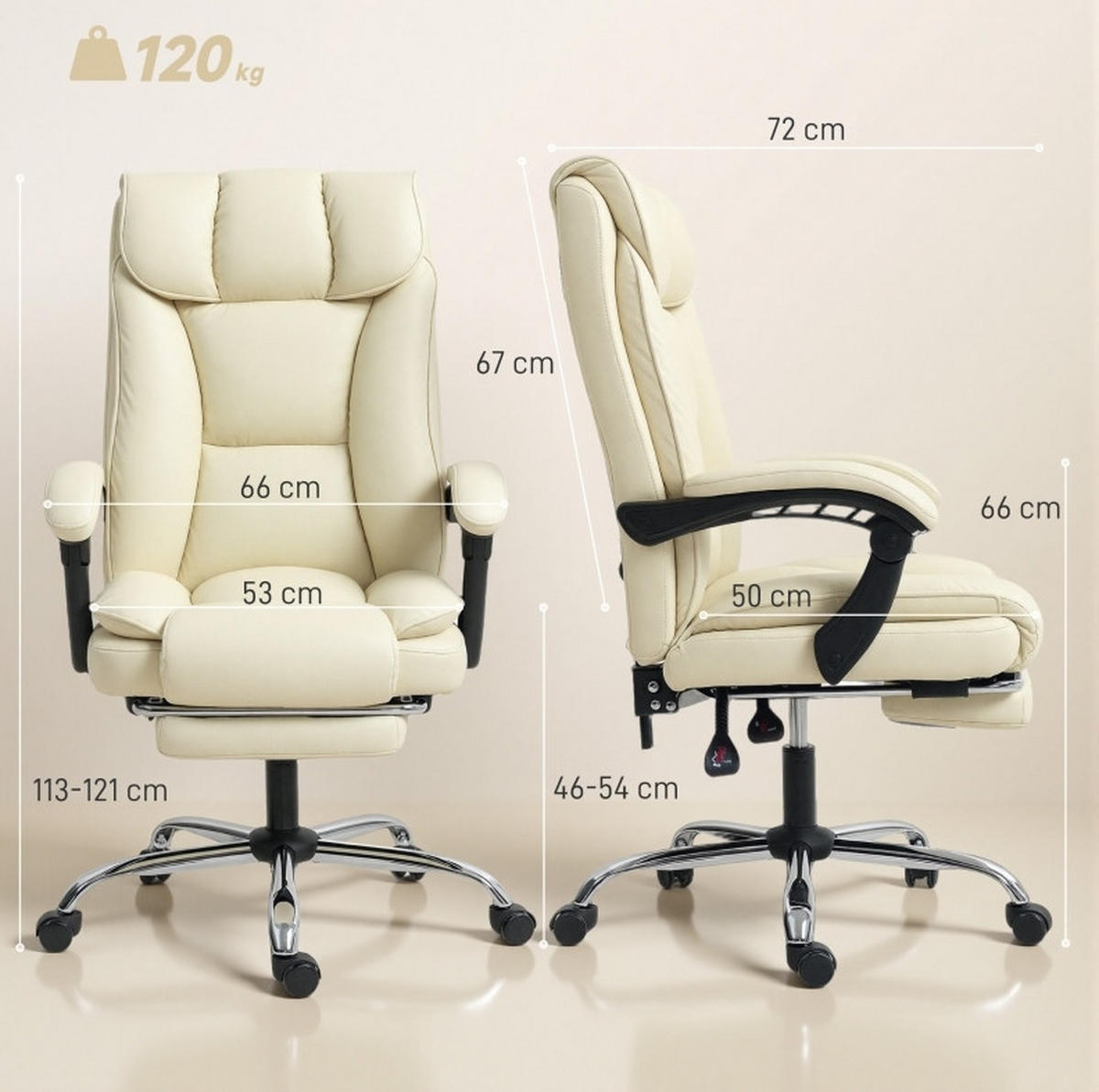BÜROSTUHL ergonomisch mit Fußstütze Kunstleder Beige - Beige, Kunststoff (66/121/72cm) - Meubliv