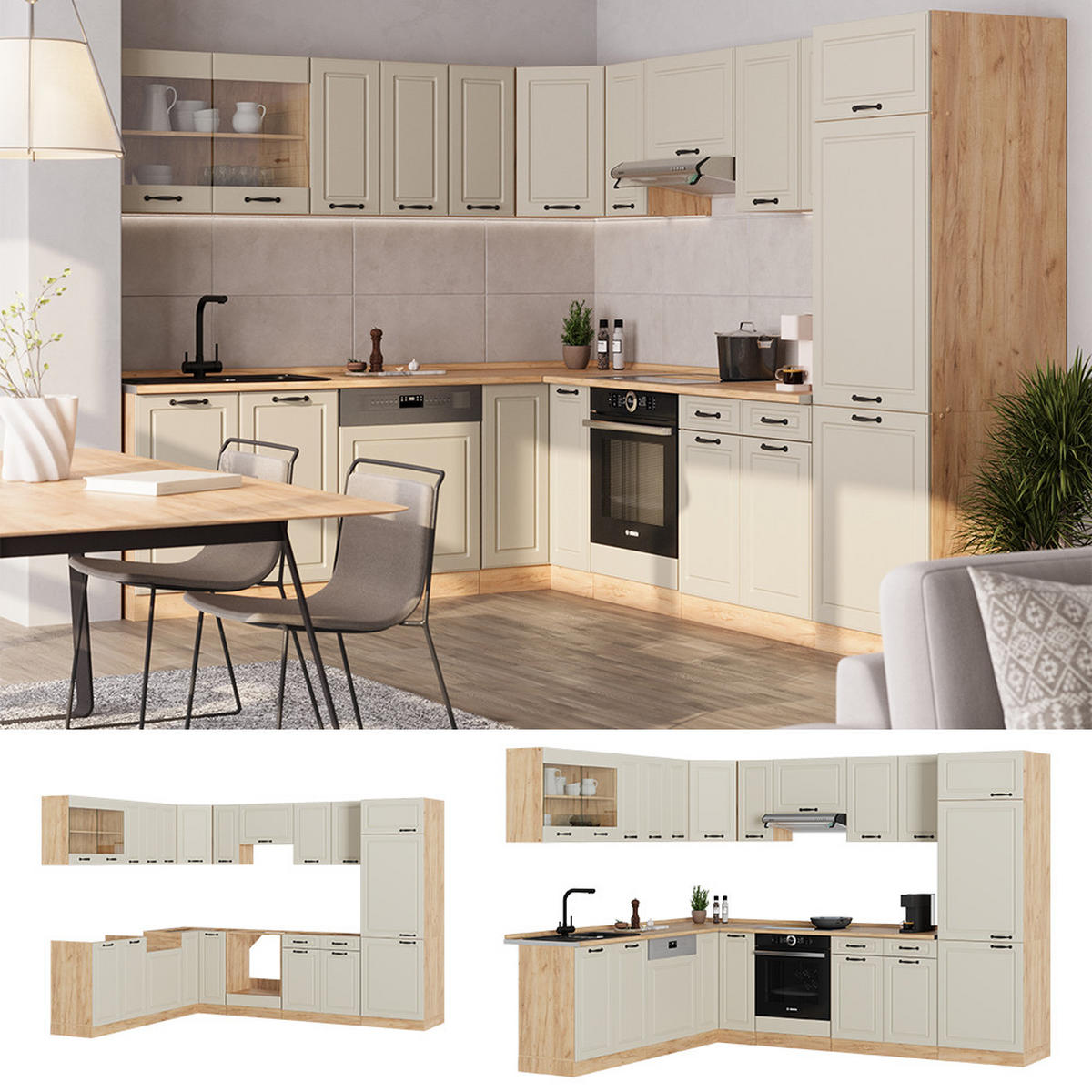 ECKKÜCHE R-Line, Sand Landhaus/Goldkraft Eiche, 287 x 227 cm - Honigeiche/Beige, Holzwerkstoff (287/206.8/46cm) - Vicco