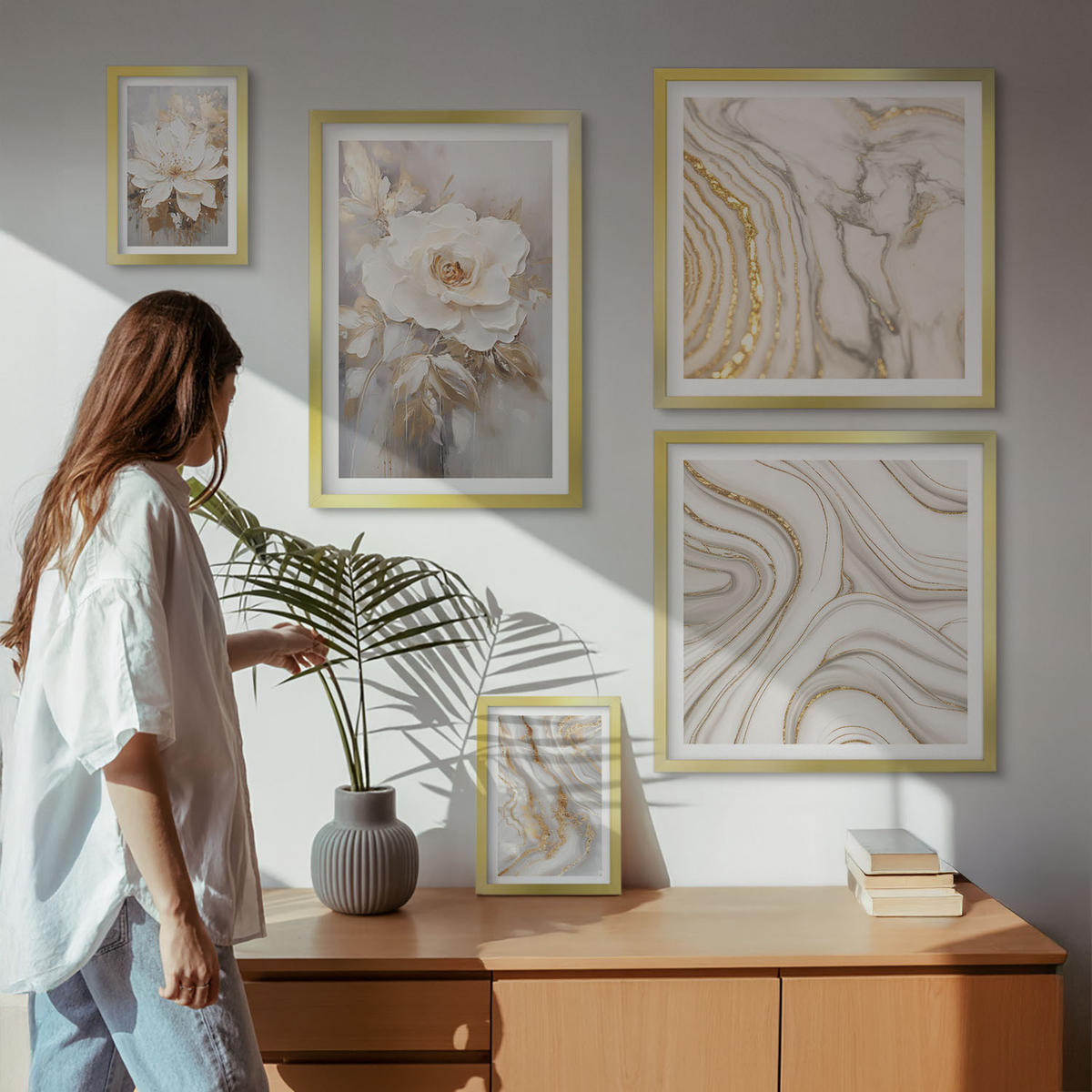 BILDER SET 5er Set - 50x50 cm & 20x30 cm & 40x60 cm Goldrahmen - Subtile abstrakte Muster - Goldfarben, Kunststoff (40/60cm) - TULUP