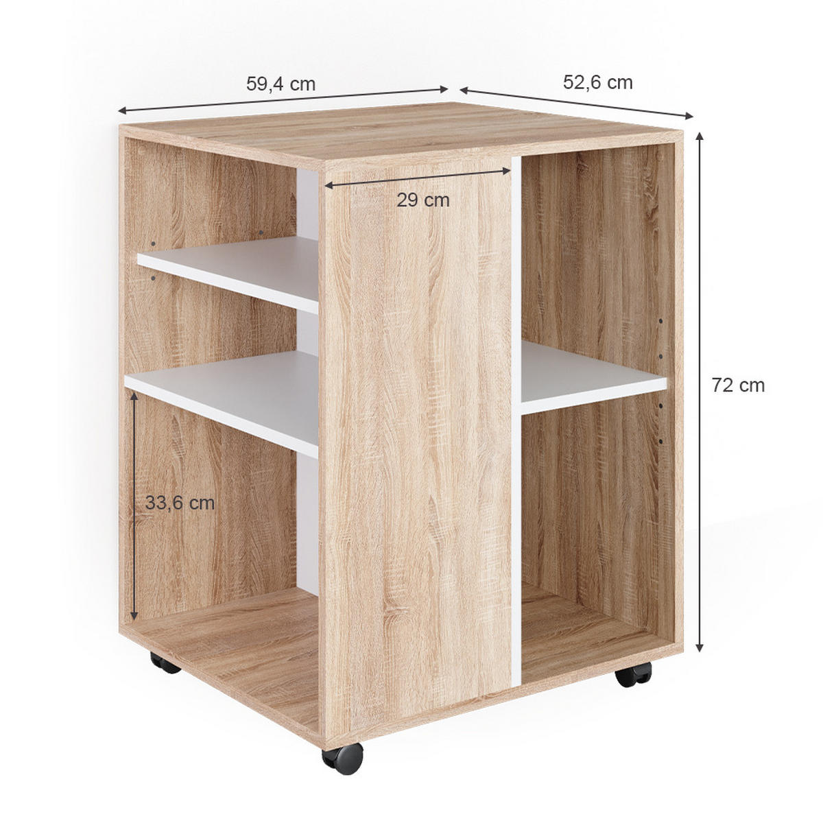 ROLLCONTAINER Sonoma 59.4 x 52.6 cm - Weiß/Sonoma Eiche, Holzwerkstoff (59.4/72/52.6cm) - Vicco