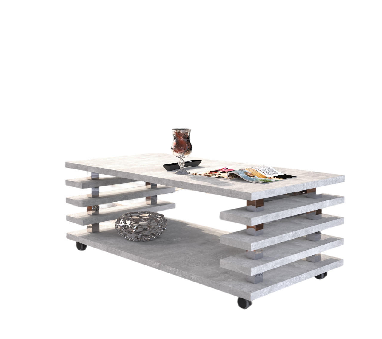 COUCHTISCH rechteckig Beton Ablage Rollen - Hellgrau, Holzwerkstoff (60/120/45cm) - designimpex