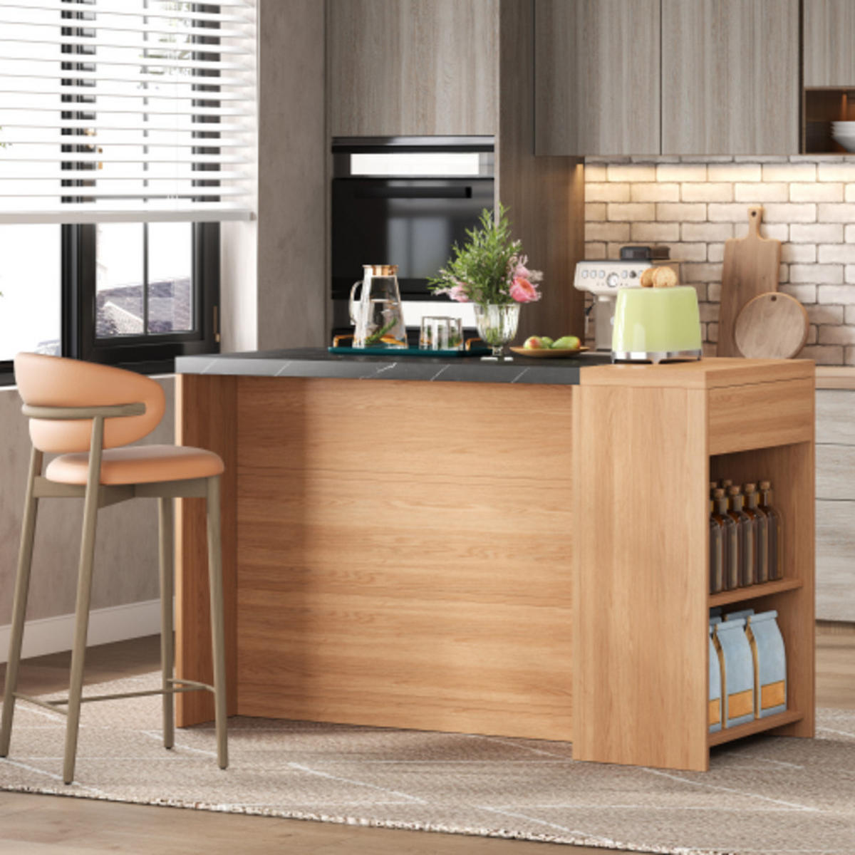 KÜCHENINSEL Schwarz-Natur aus MDF mit hinterem Barbereich 140 × 60 × 90 cm - Naturfarben, Holzwerkstoff (140/90/60cm) - Luhomfu